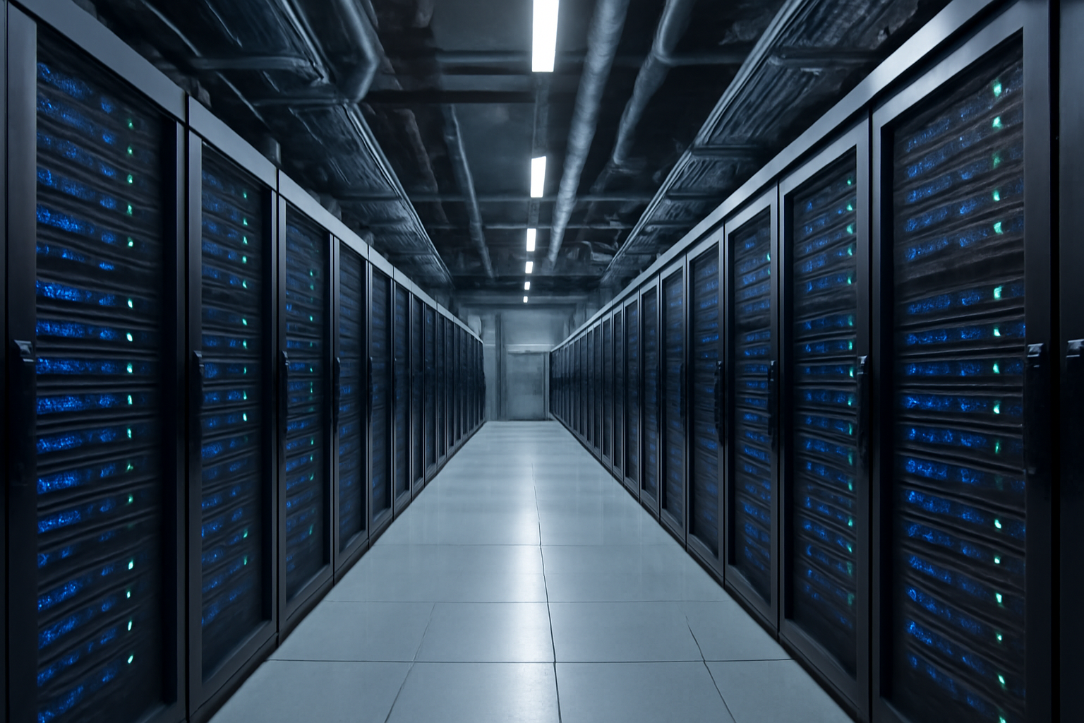 Rows of server racks inside a large AI data center with blue status lights and cooling pipes overhead