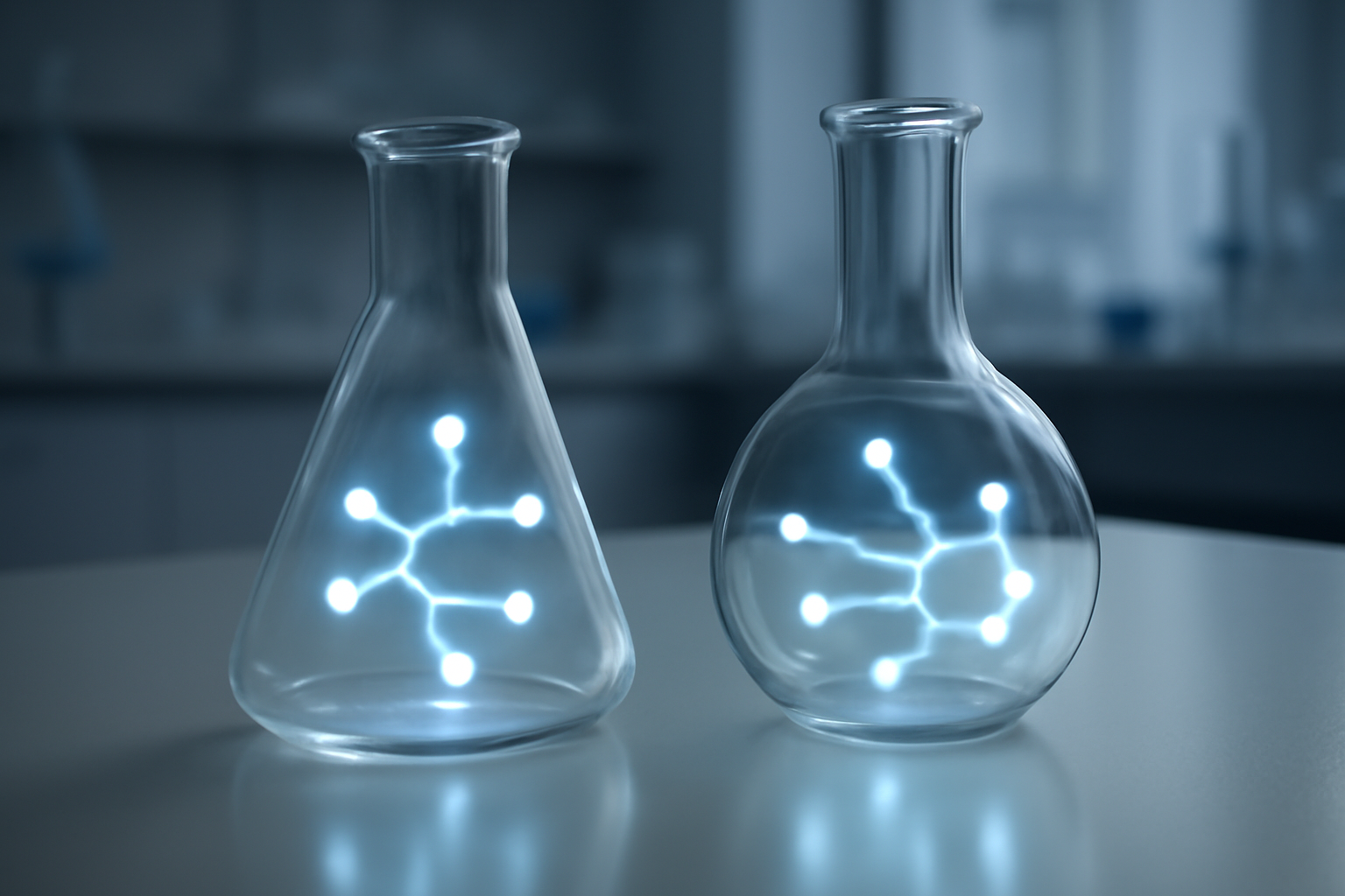 Two mirror-image molecular structures shown side by side like a left and right hand