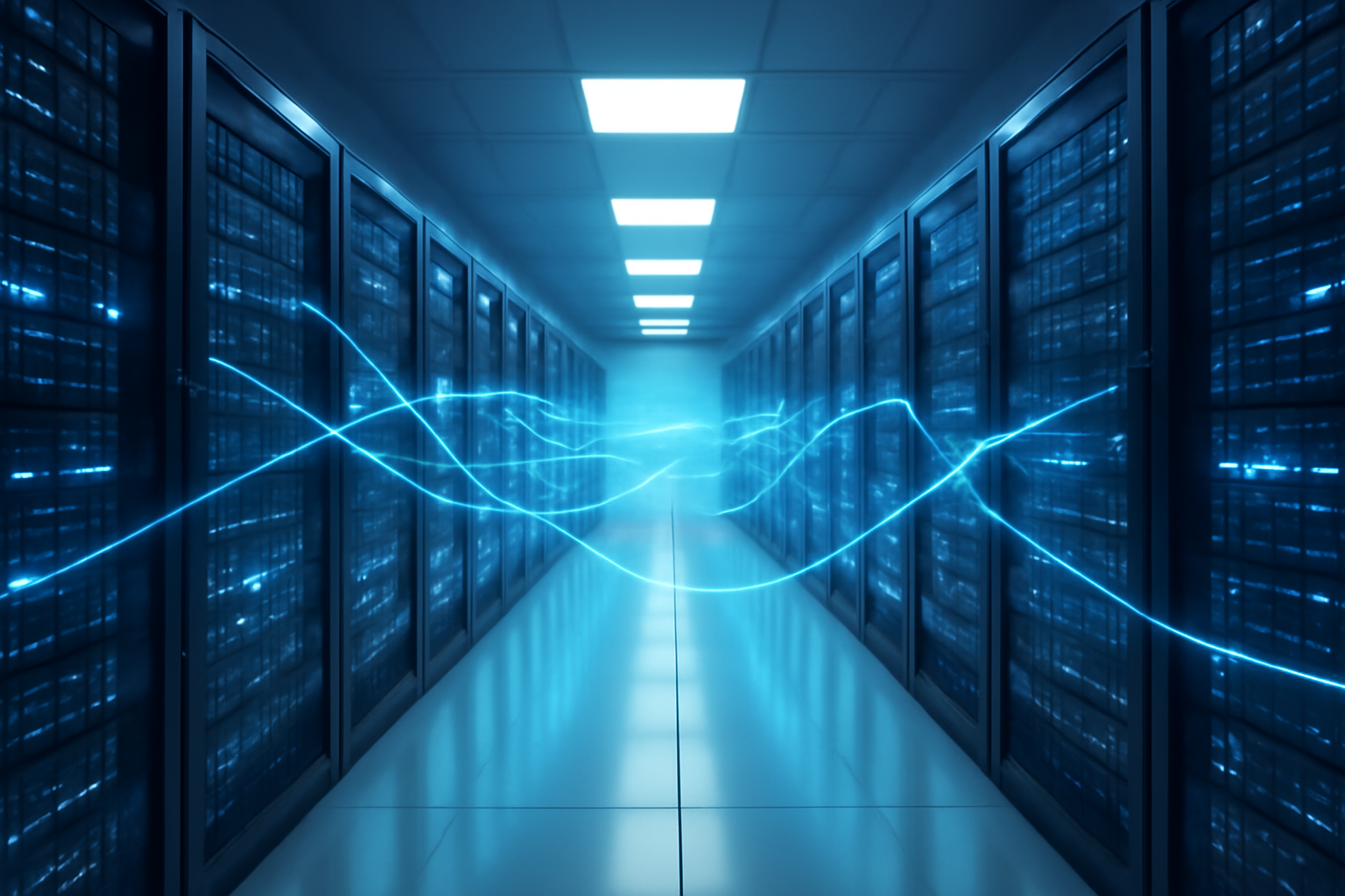 Server racks and glowing data lines representing an AI model routing through a cloud gateway