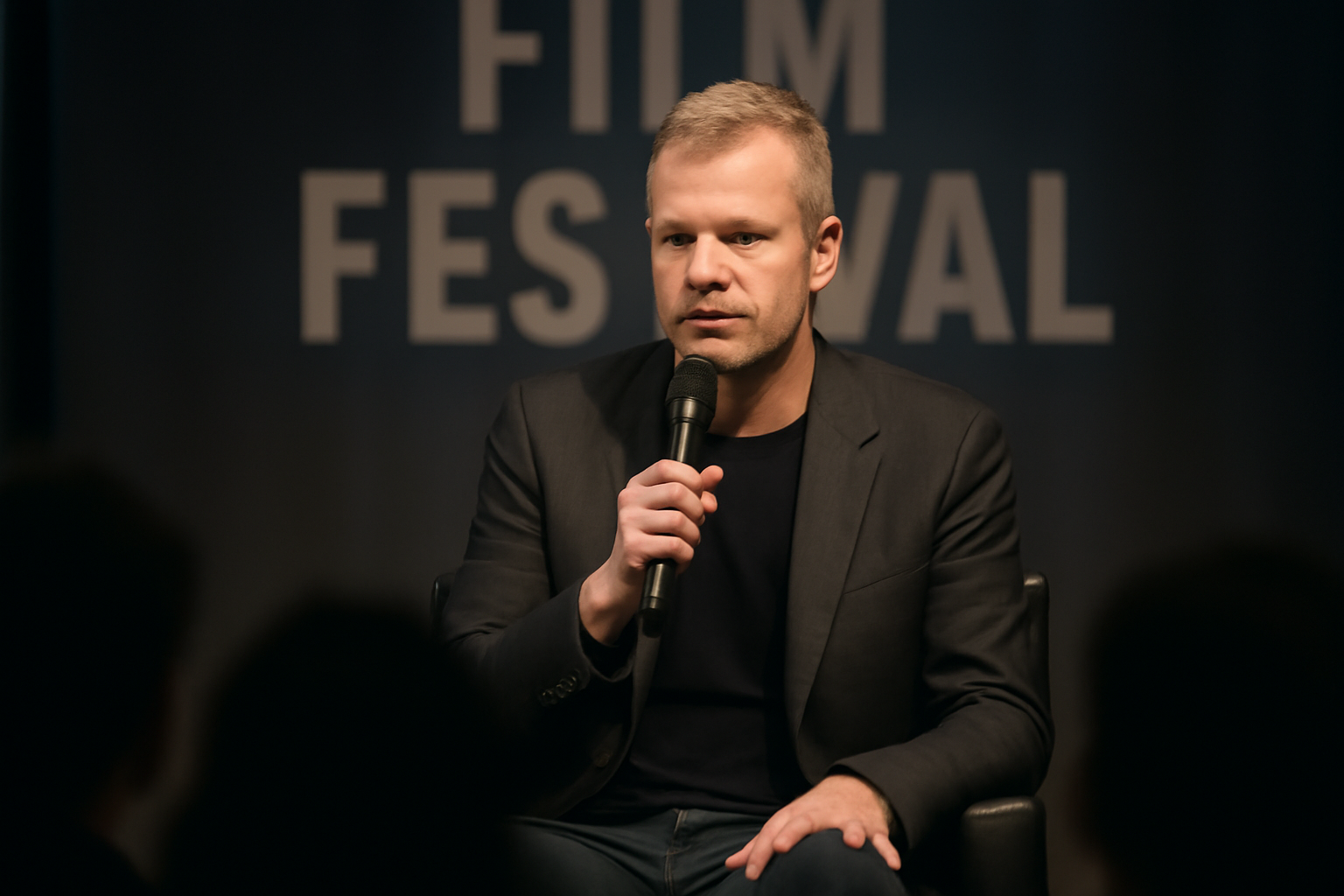 Jesse Eisenberg speaking on stage at a film festival panel