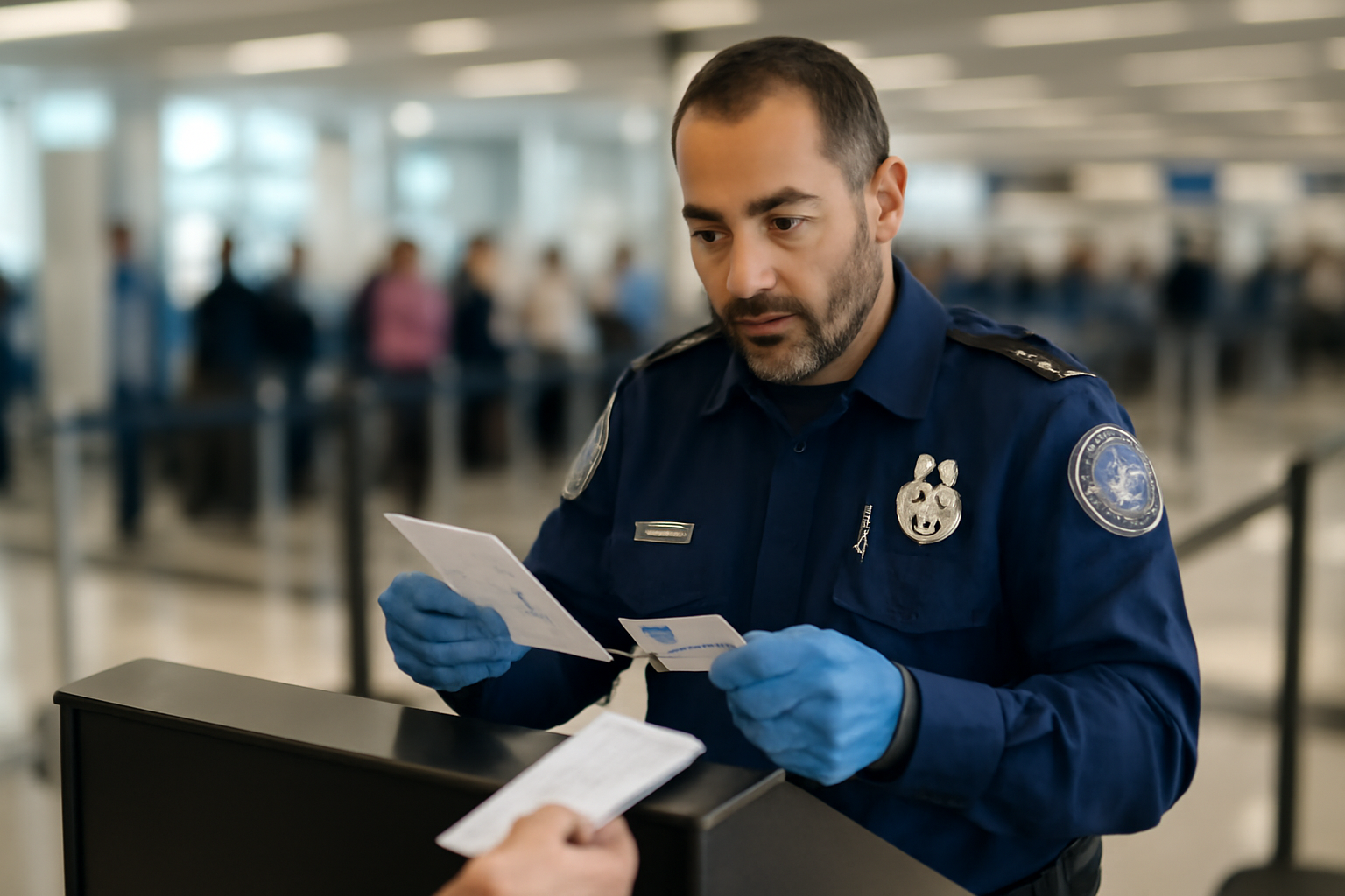 TSA officer standing at an airport identification checkpoint podium checking a boarding pass