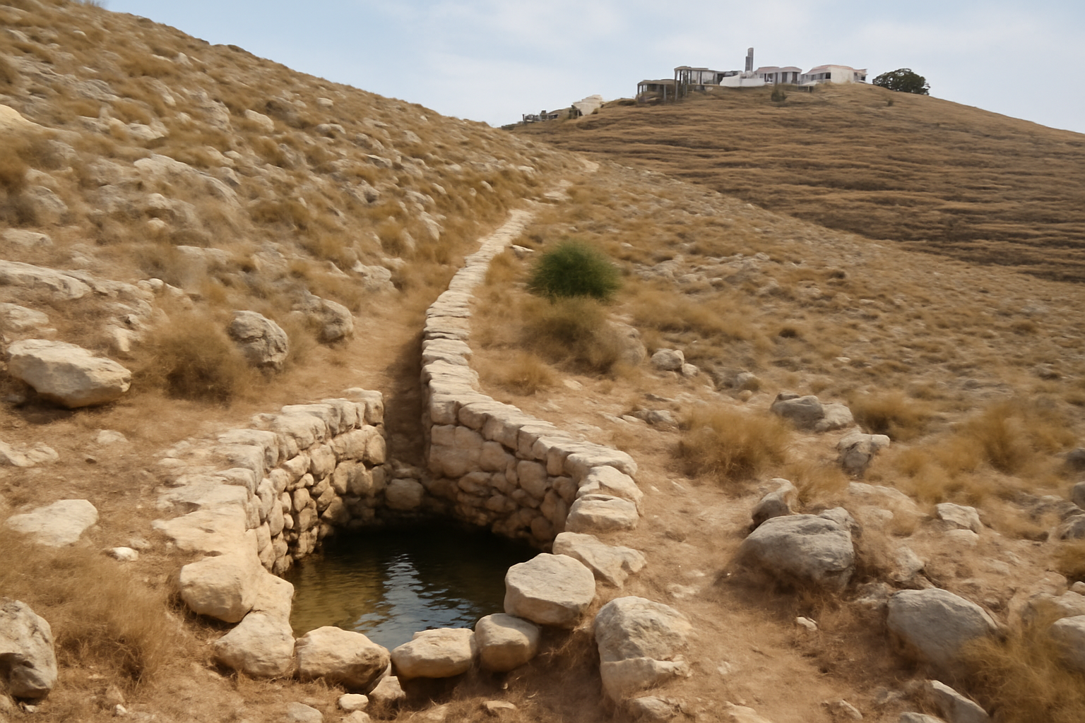 A dry stone water channel running through rocky hillside terrain in the West Bank near an Israeli settlement outpost