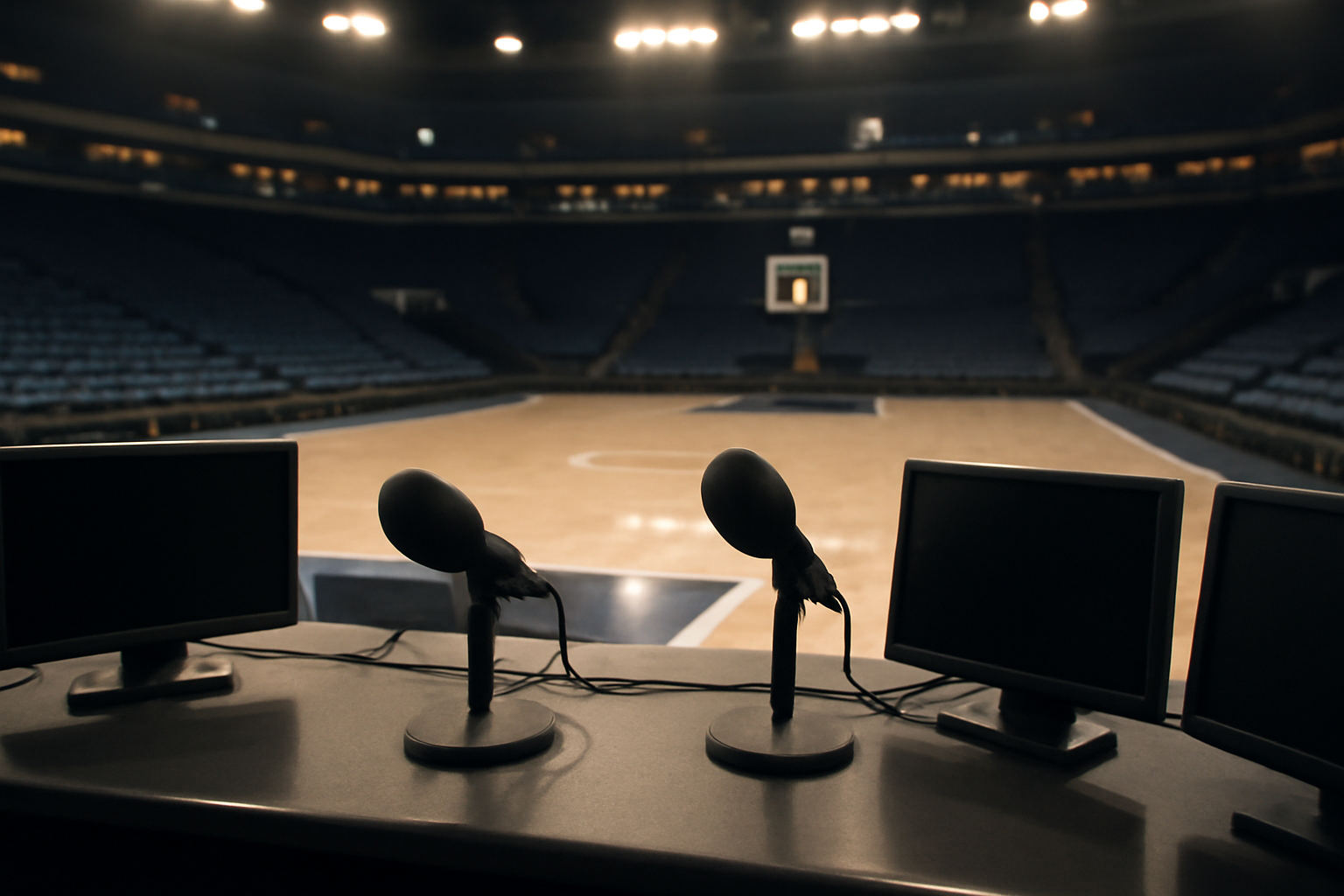 Empty television broadcast booth overlooking an NBA basketball court before a game
