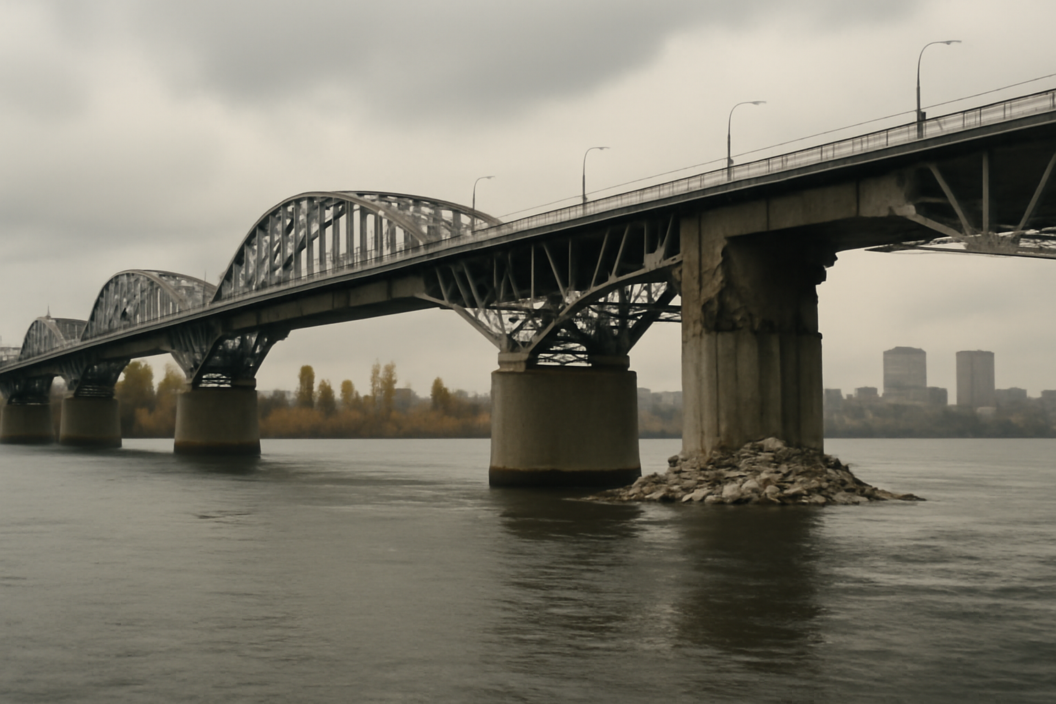 A multi-span river bridge over the Dnieper with visible structural damage near one pylon, overcast autumn sky, Kyiv skyline in the distance