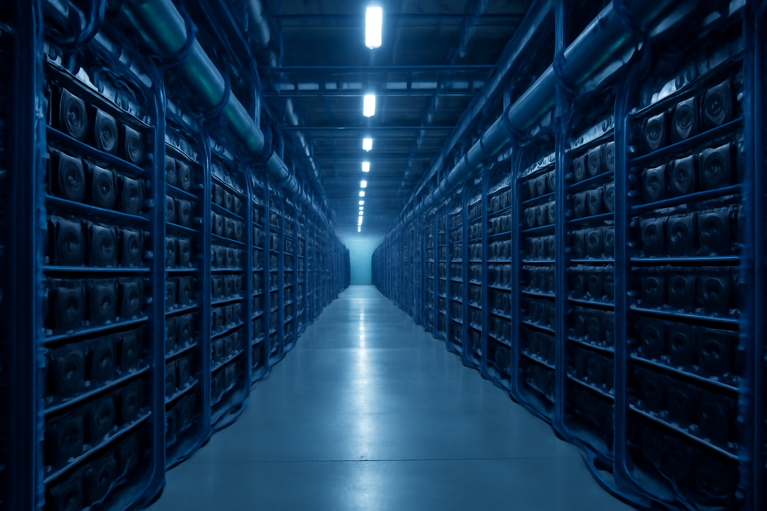 Rows of GPU server racks inside a large AI data center with blue ambient lighting