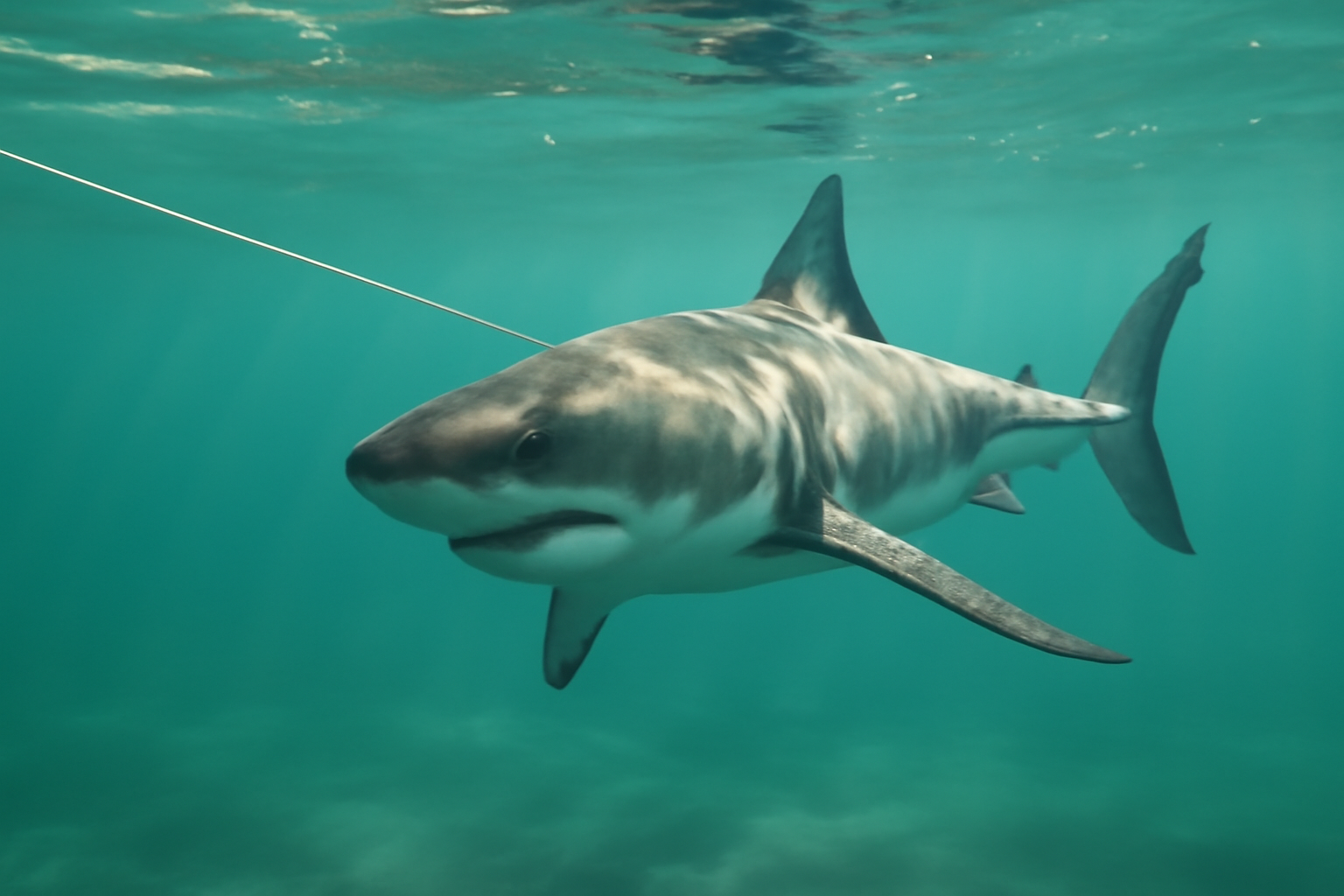 Young great white shark swimming close to a fishing line near the surface off Cape Cod