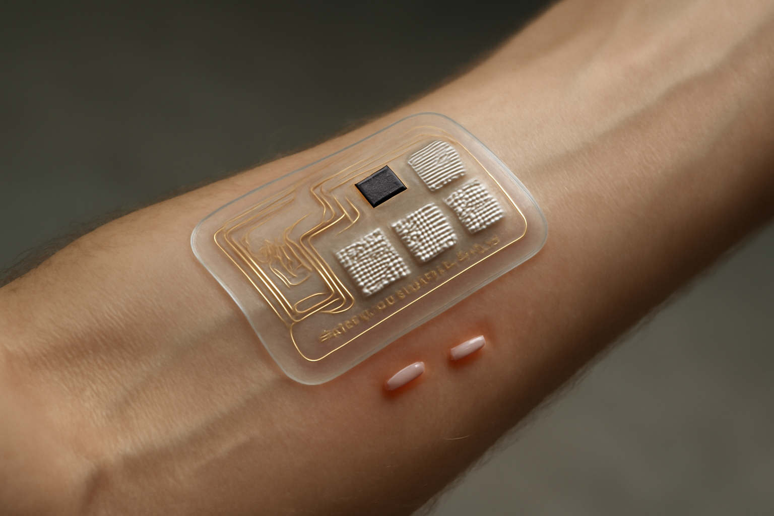 Close-up illustration of a flexible wearable hub connected to microneedle patch sending signals toward small implants inside body tissue
