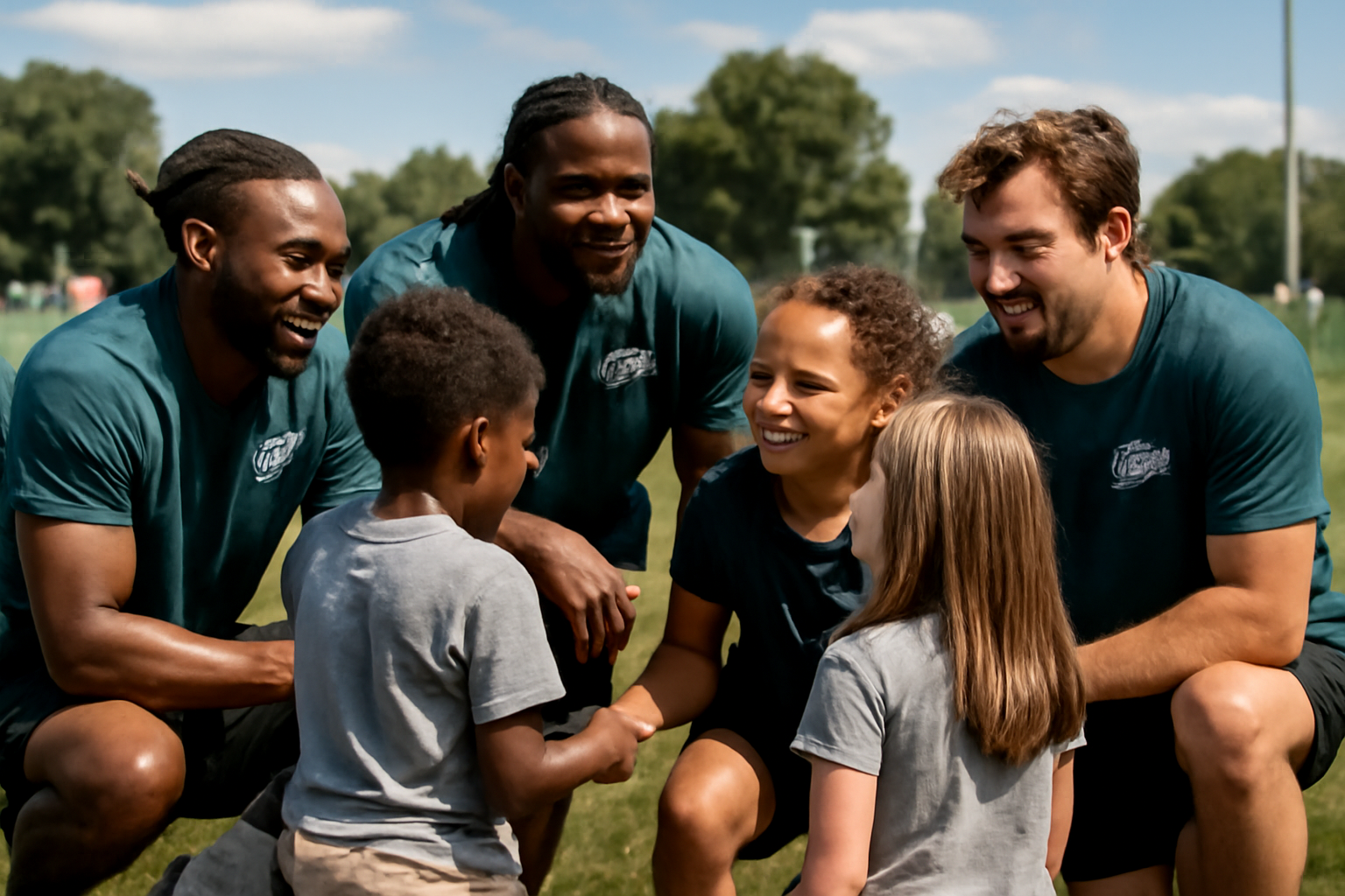Philadelphia Eagles players and staff greeting children on the sideline of the team's practice field