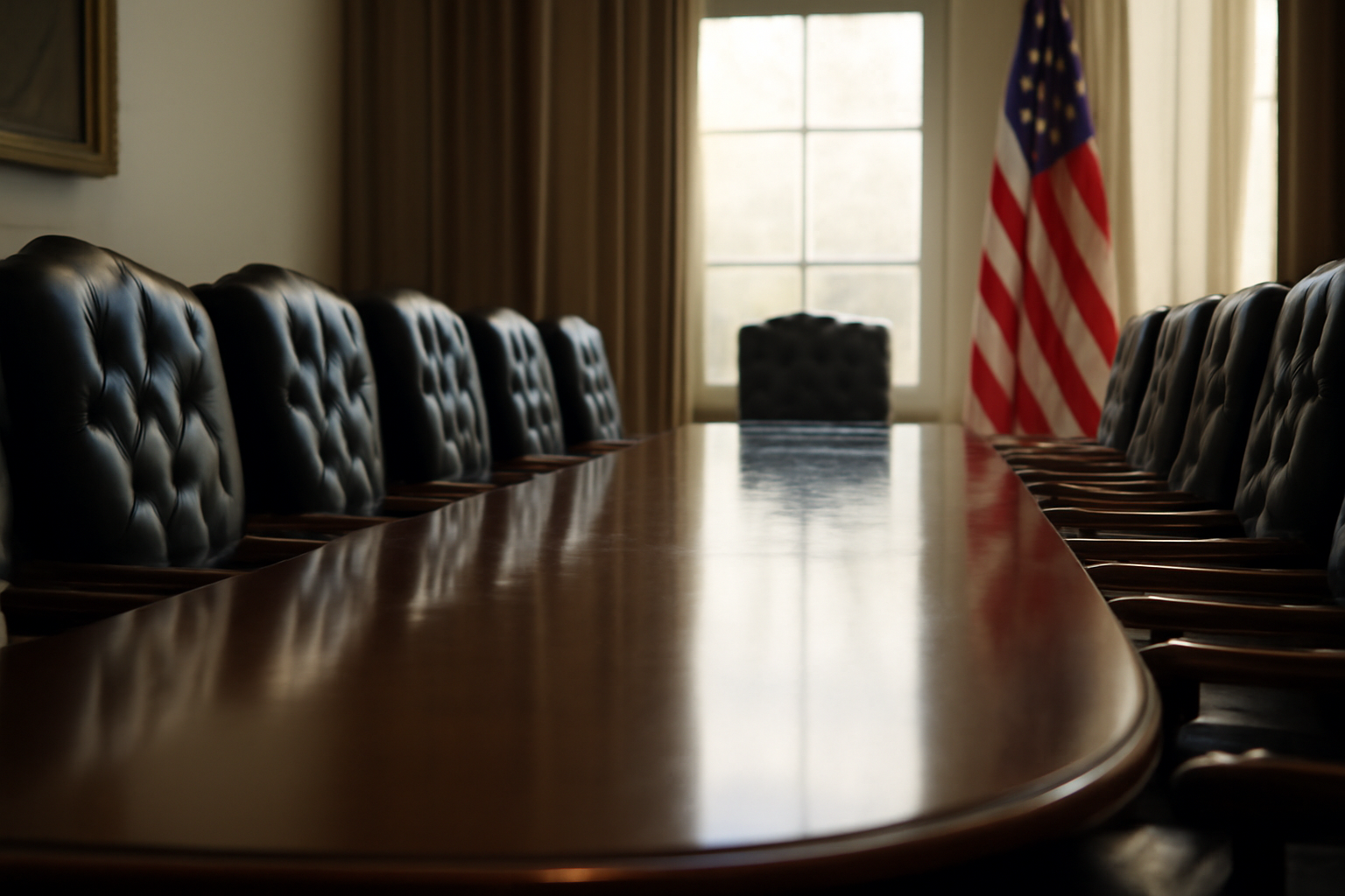 Empty formal conference room with a long table set for a government-industry meeting