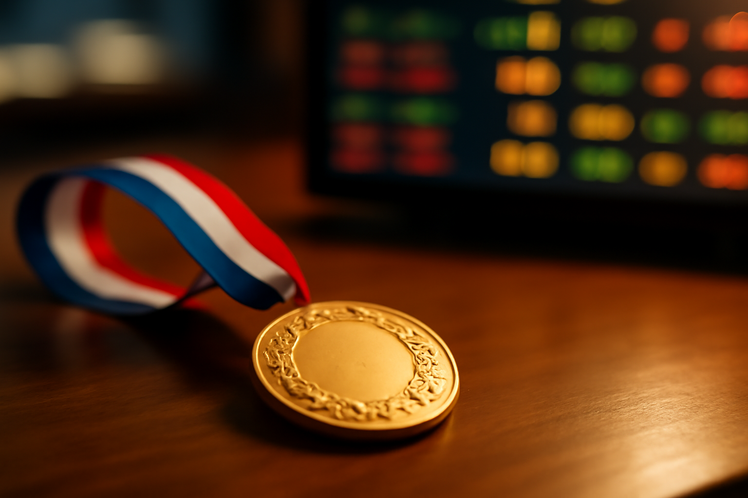 A gold medal resting beside a glowing stock ticker display symbolizing prediction markets