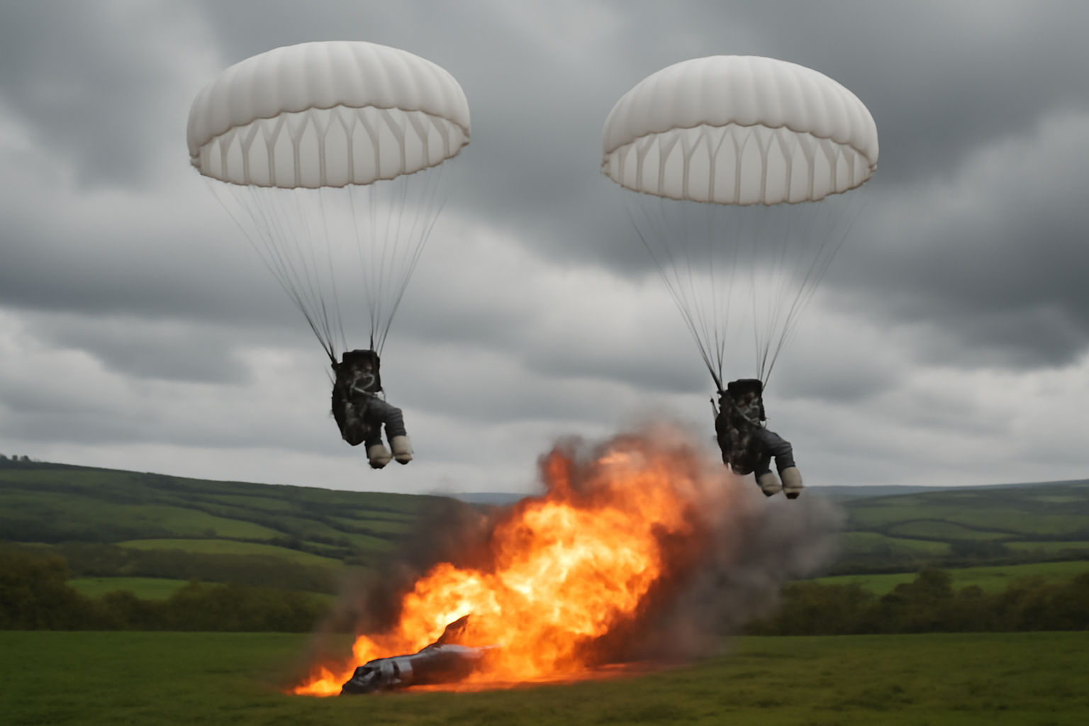 Two pilots descending by parachute after ejecting from a fighter jet engulfed in flames over rural Wales