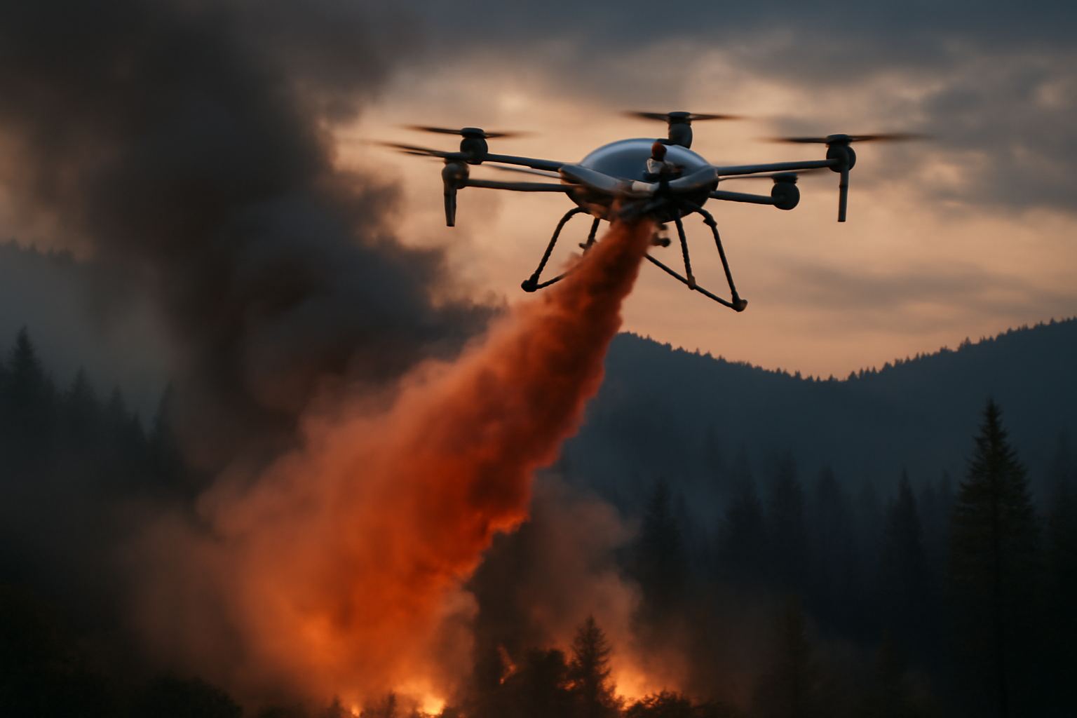 Aerial view of a drone dropping fire retardant over a smoldering wildland fire