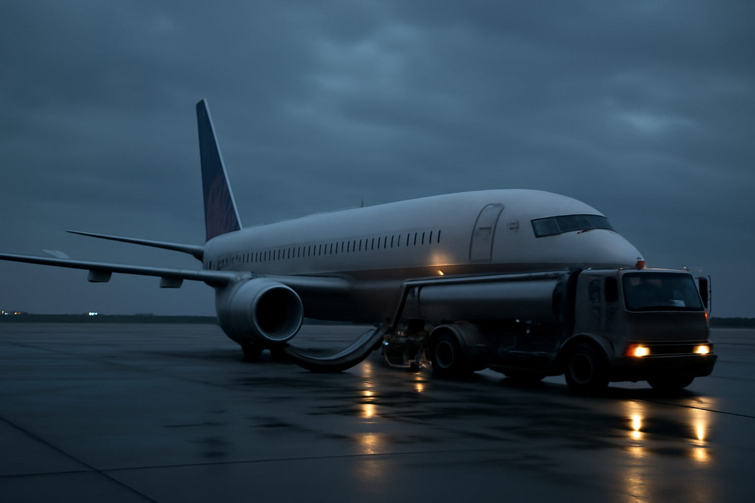 A United Airlines jet taxiing on an airport tarmac with fuel trucks nearby