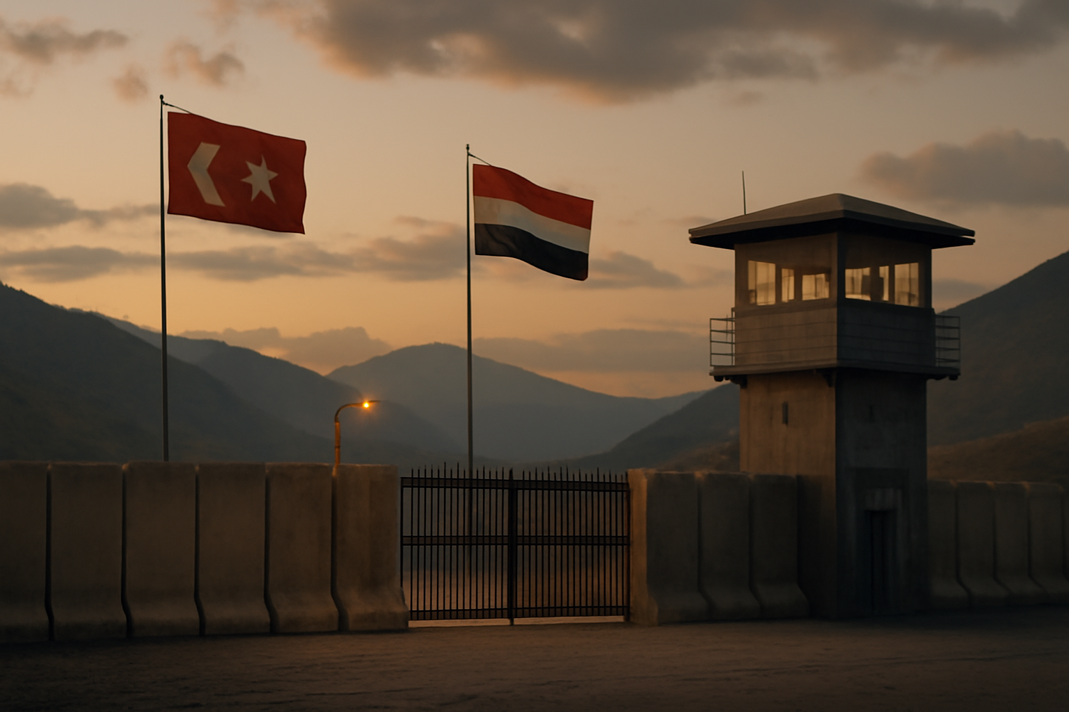 A guarded military gate along a road in northern Iraq with Turkish and Iraqi flags visible in the distance.