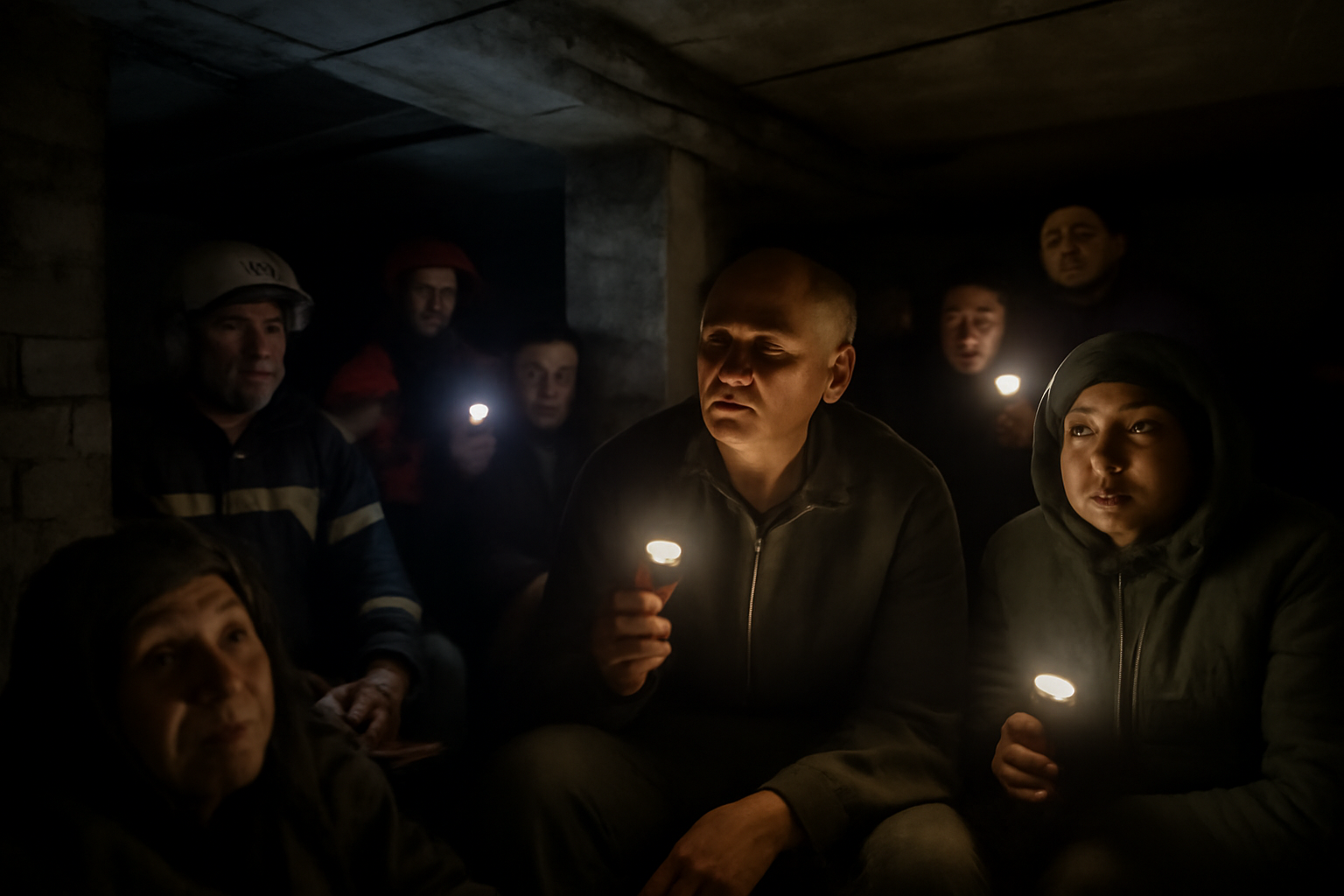 Rescue workers and residents sheltering in a basement during a power outage in Kharkiv, Ukraine