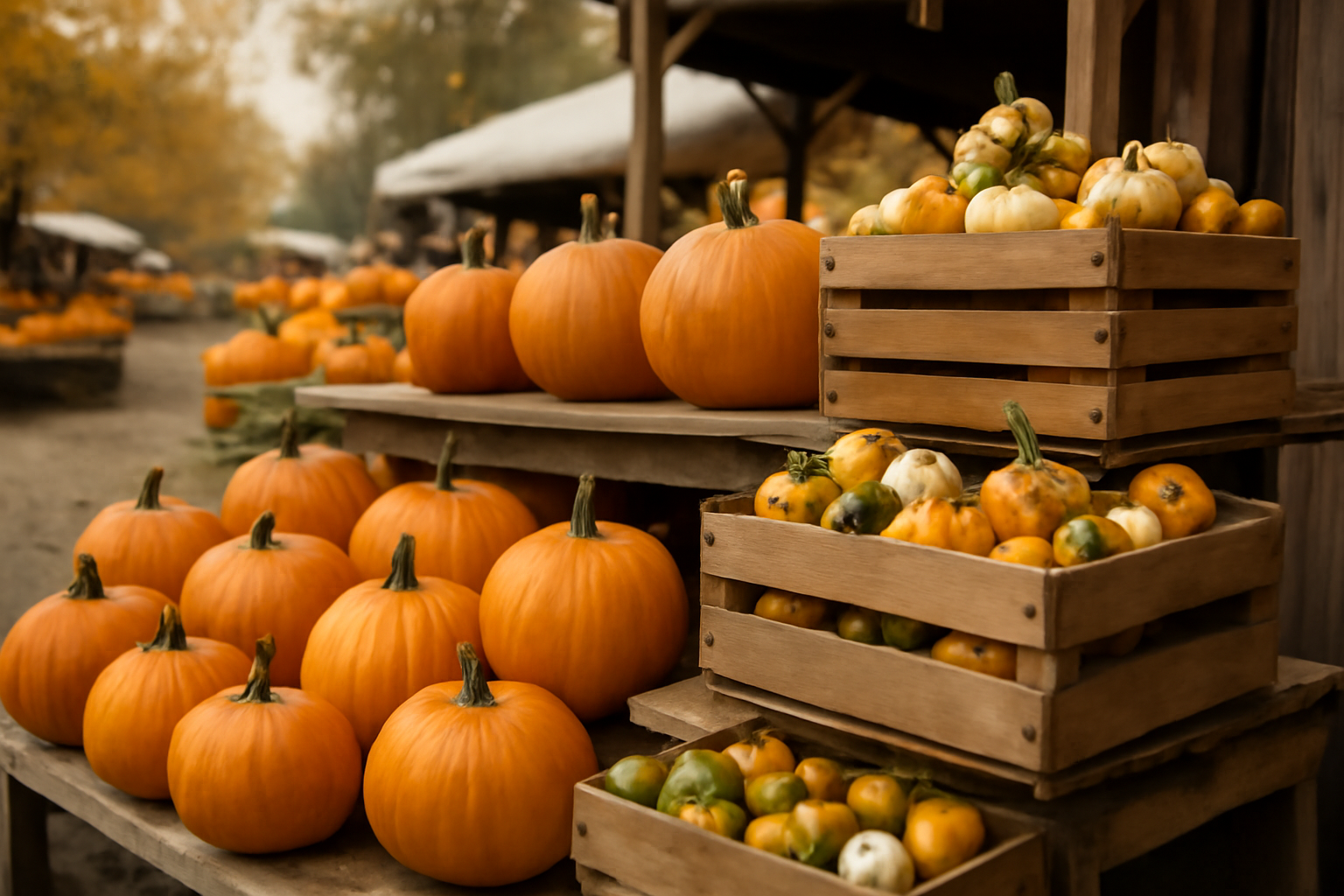Rows of orange pumpkins and small decorative gourds displayed at an outdoor fall market stand