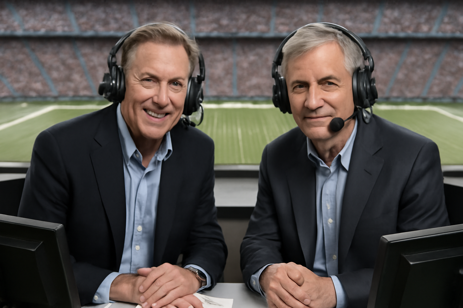 Two sports broadcasters seated side by side at a stadium broadcast booth desk with microphones and monitors