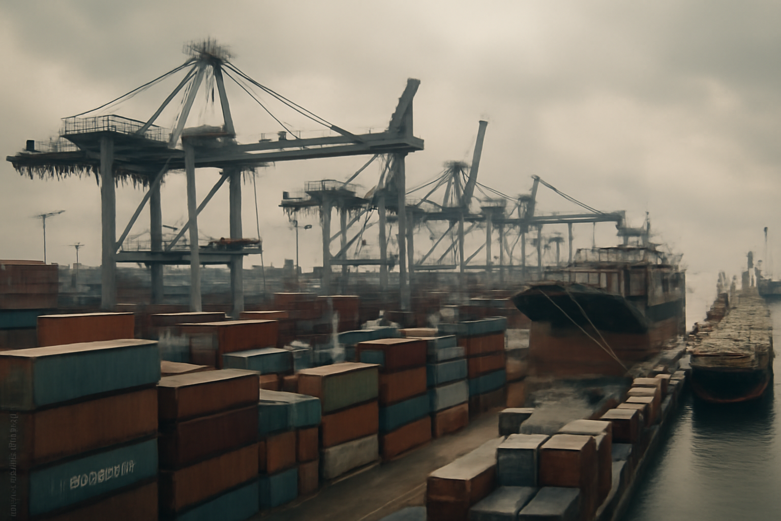 Container cranes and cargo ships at a busy Indonesian shipping port under overcast skies