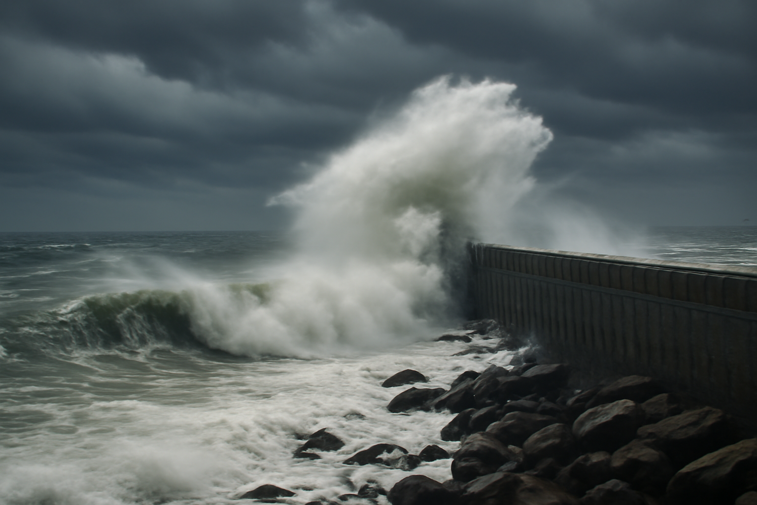 Waves crash over a rocky New England seawall under gray storm clouds