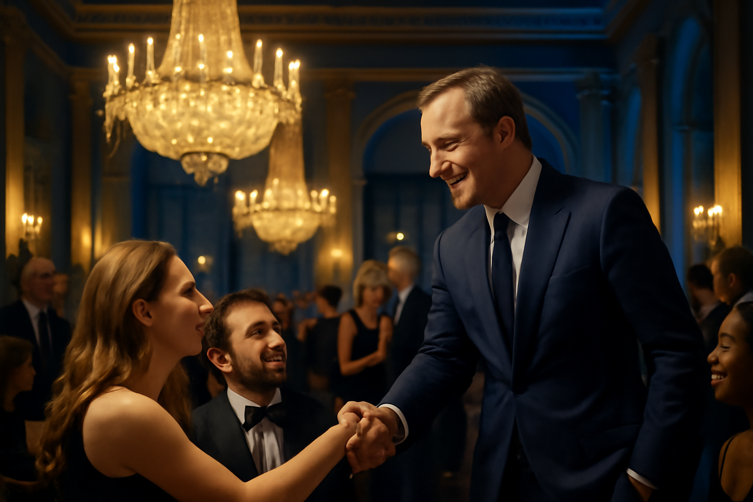 A man in formal evening dress greets guests inside a chandeliered London gala hall at night