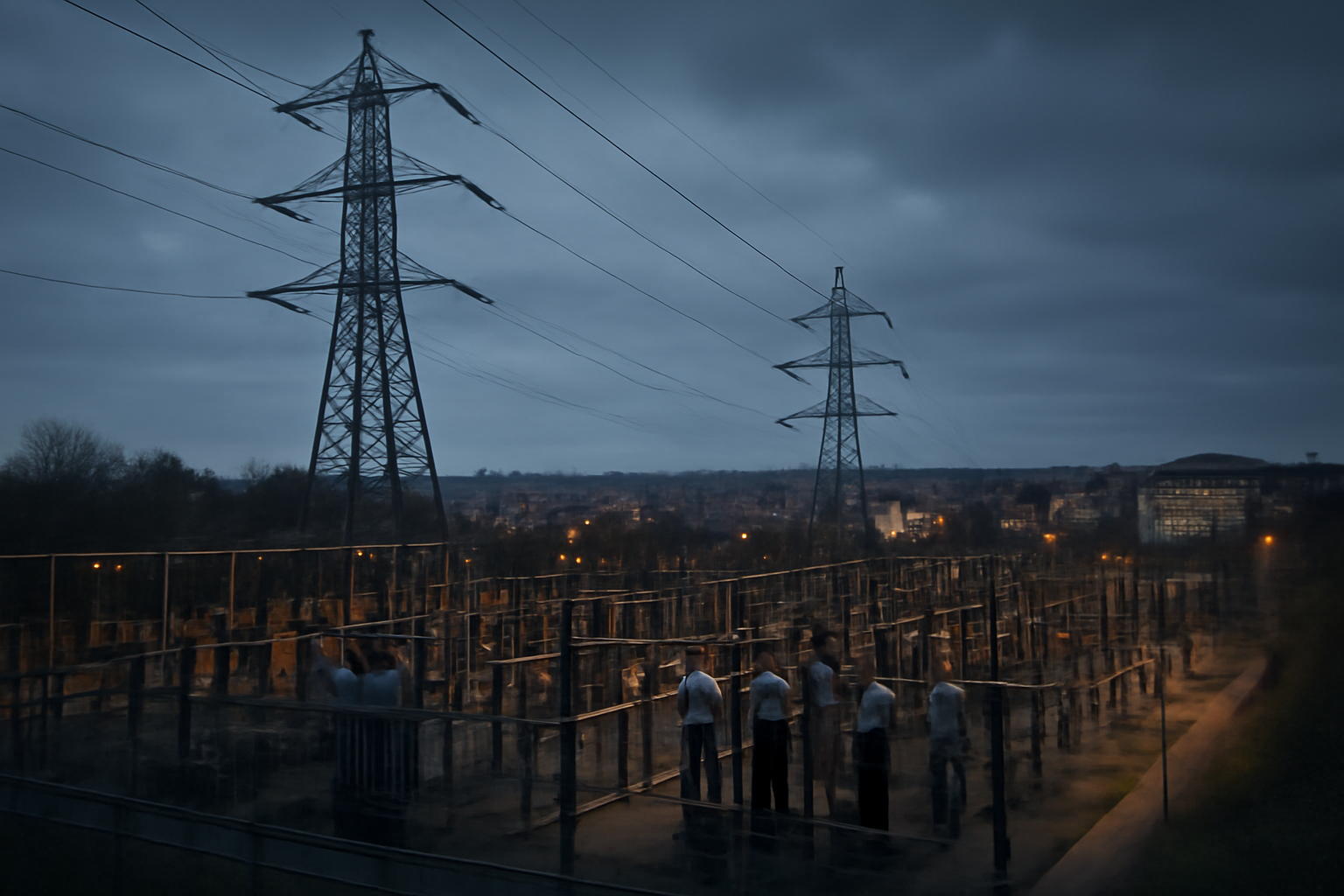 Power lines and an energy substation silhouetted against a dusk sky near Kyiv