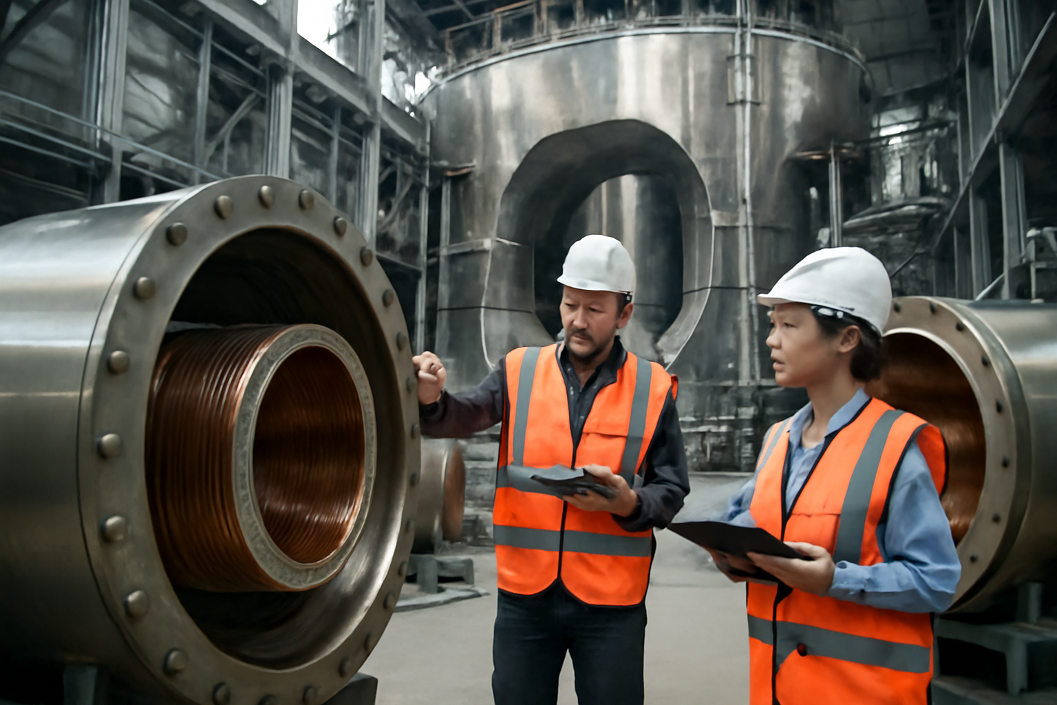 Engineers inspecting fusion reactor magnet components inside an industrial assembly facility