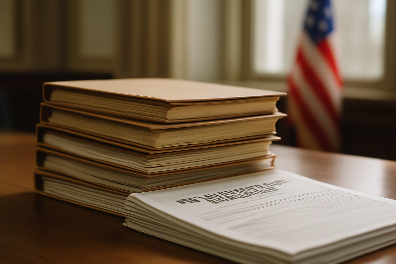 A stack of health insurance enrollment paperwork next to a government office building exterior