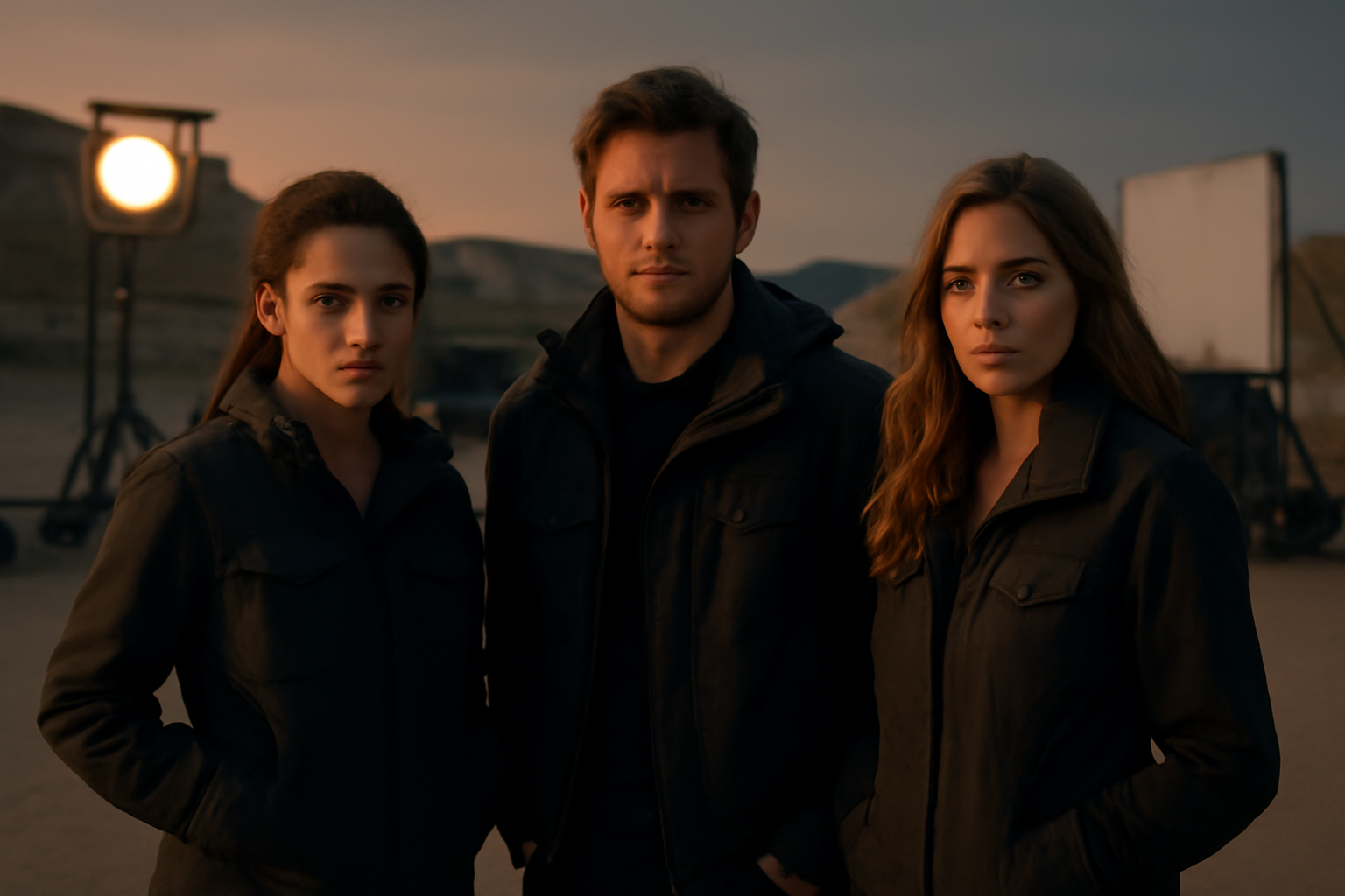 Three actors standing together on a dimly lit film set backlot at dusk