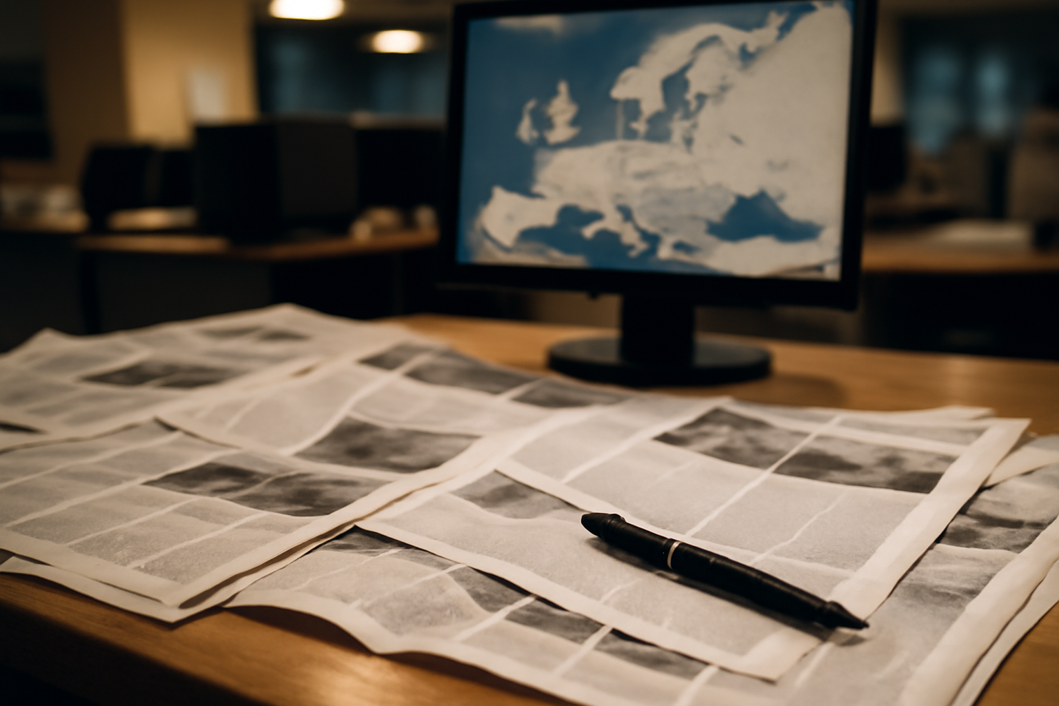 Newsroom desk with a printed world affairs page and an illustrator's pen beside a monitor showing a map of Europe