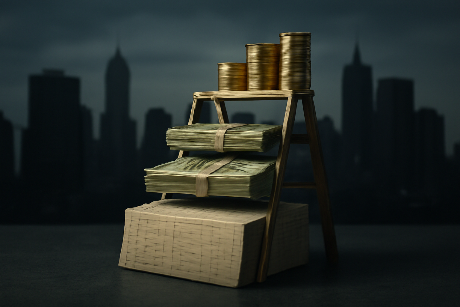 A ladder-like stack of gold coins, paper currency, and bank ledgers arranged in descending tiers against a dark financial-district backdrop