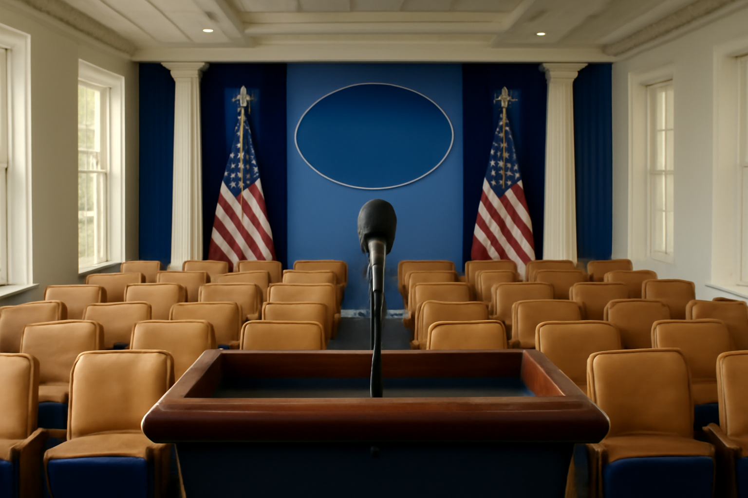 Exterior view of the White House press briefing room podium, empty, under bright lighting