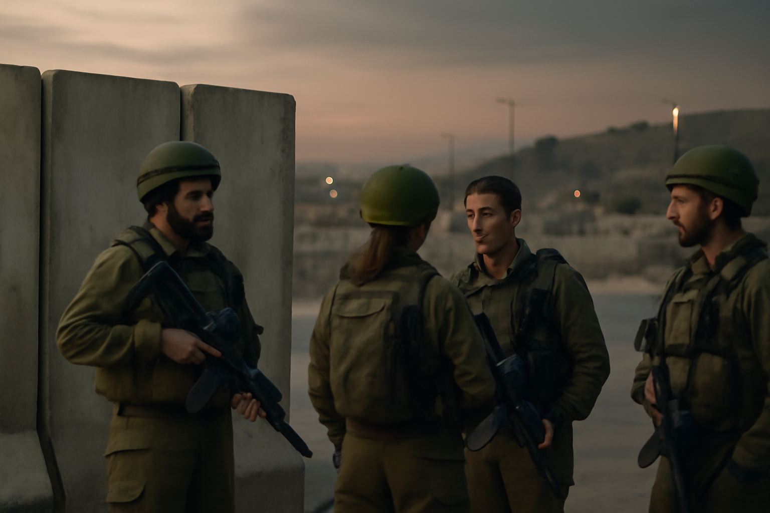 Israeli security forces stationed near a checkpoint in the West Bank at dusk