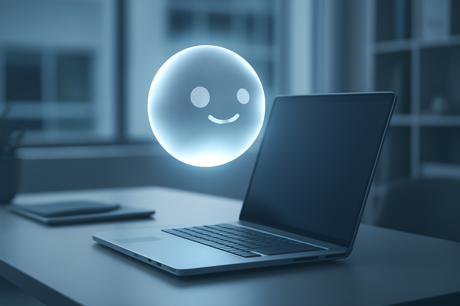 Small cartoon dot-shaped AI avatar hovering beside a laptop screen showing chat messages