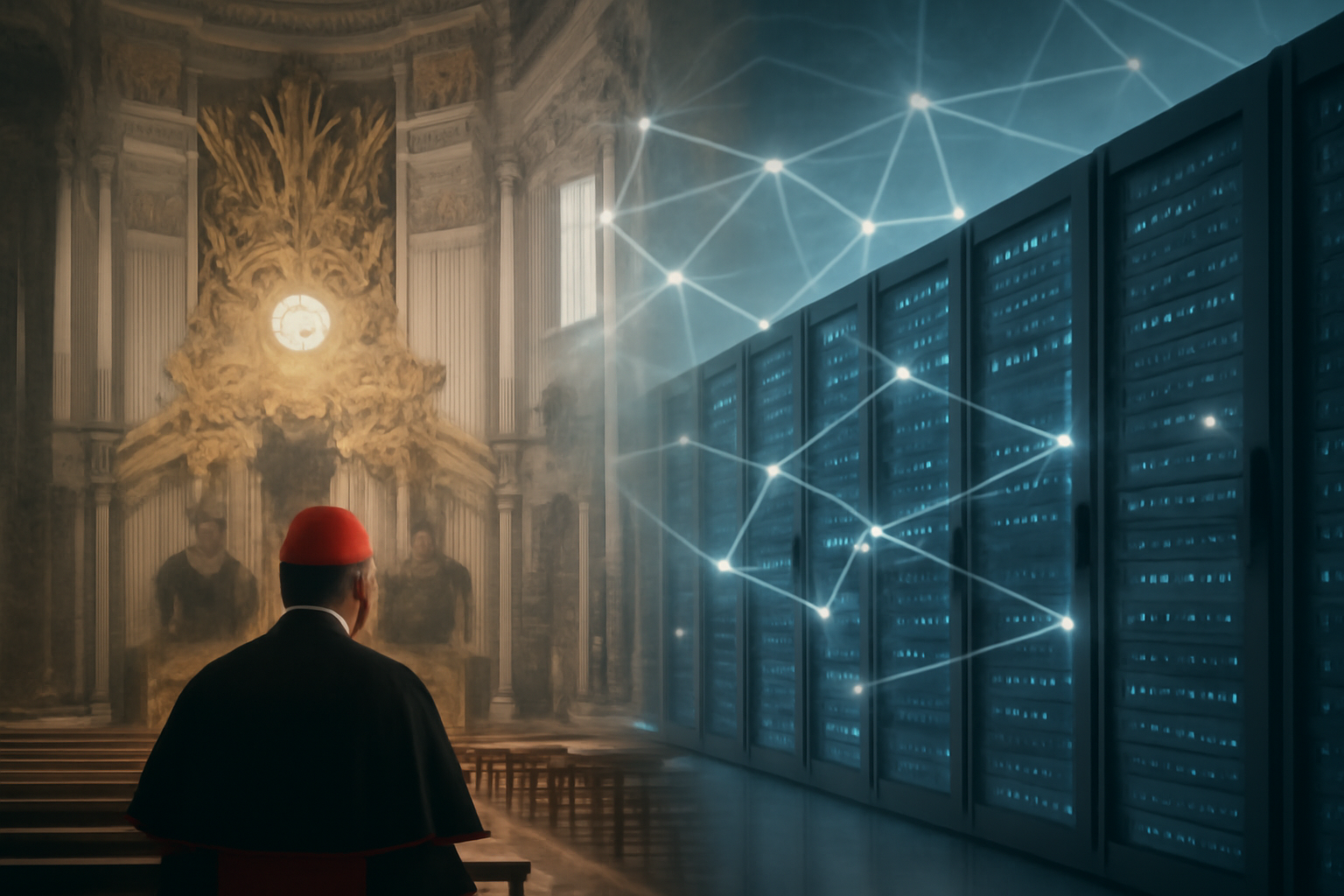 Vatican flag and a modern server room symbolizing the pope's AI warning during the France trip