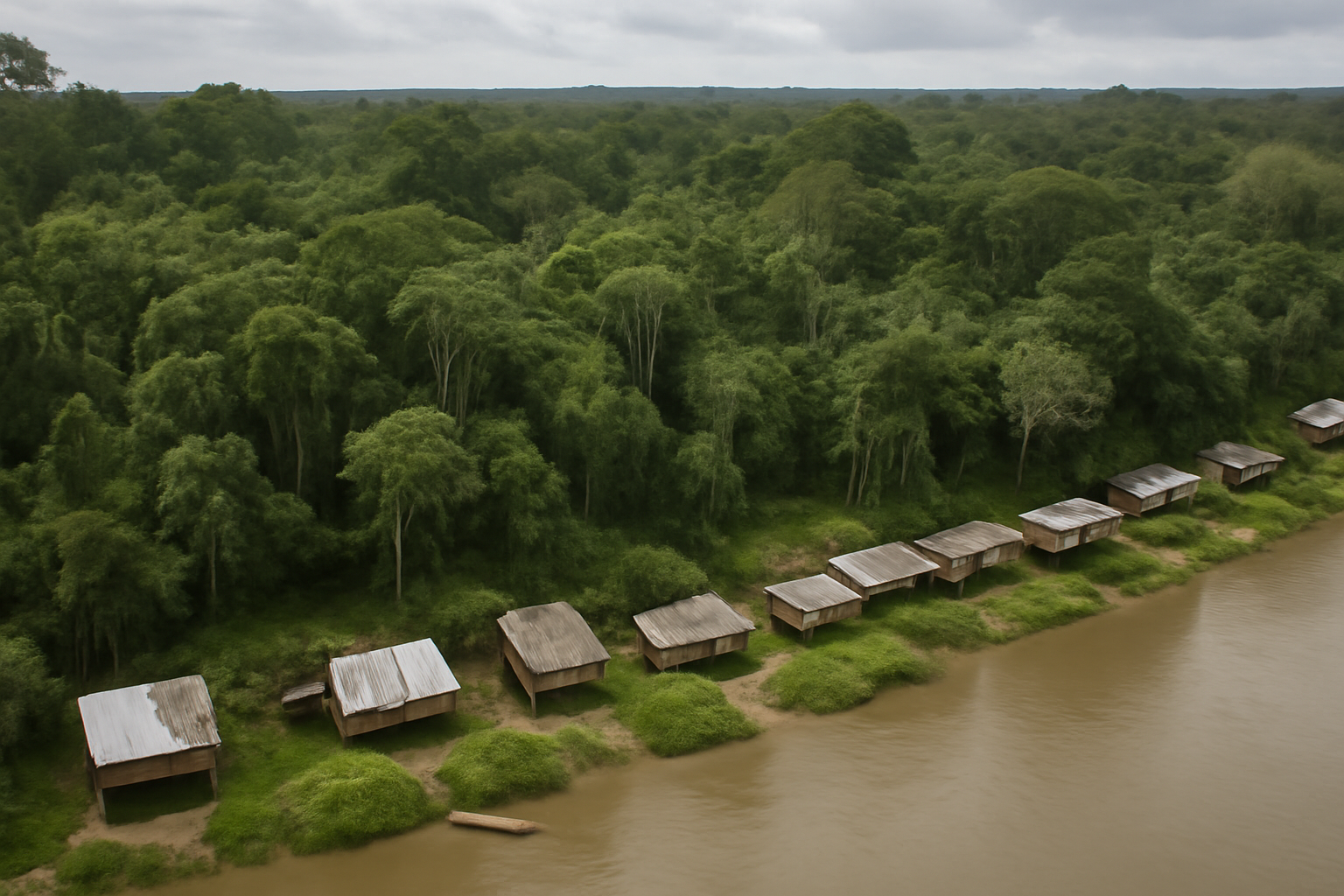 Aerial view of dense Amazon rainforest canopy bordering a cleared riverside village in Peru