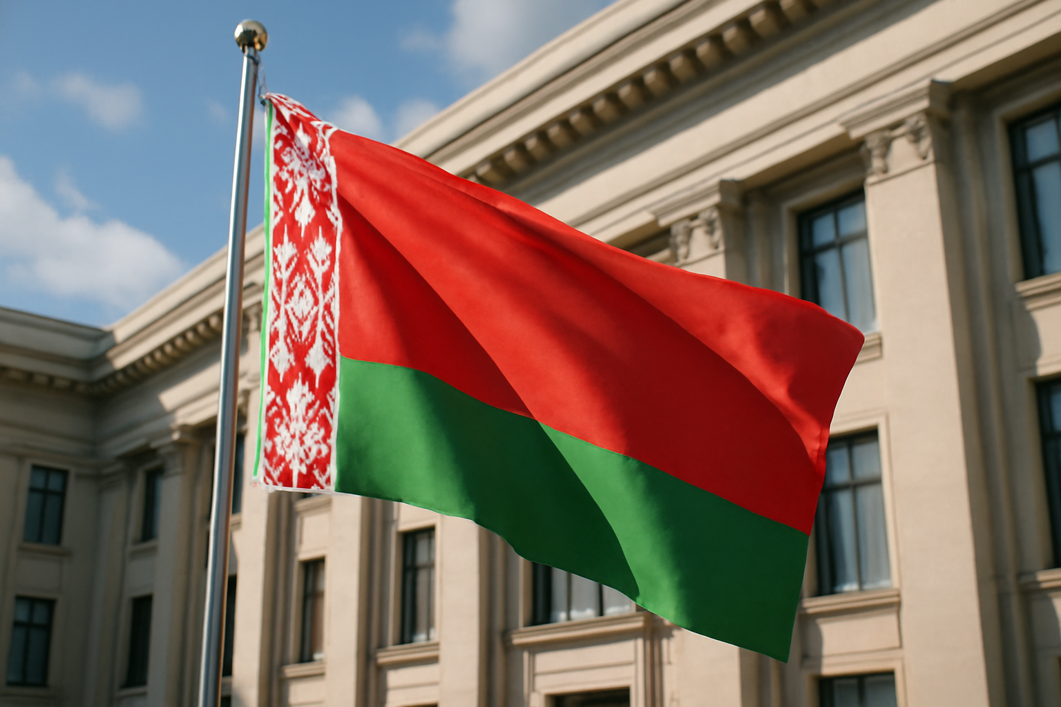 Belarusian flag waving in front of government building