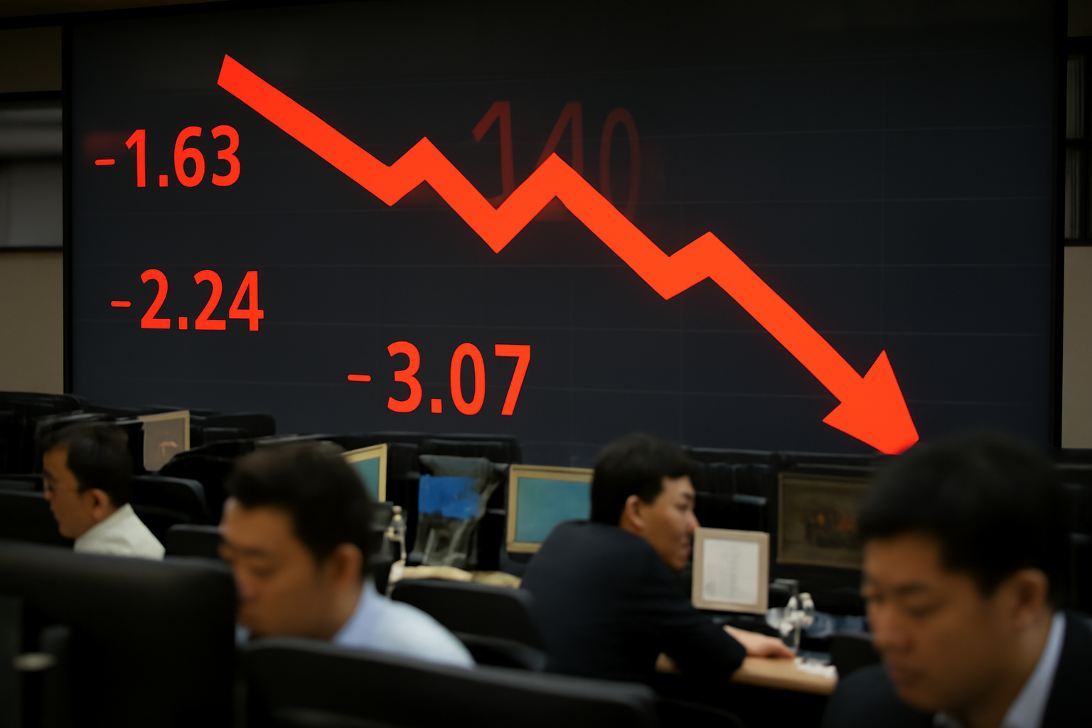 Stock ticker board in Seoul showing a sharp red decline for a technology company