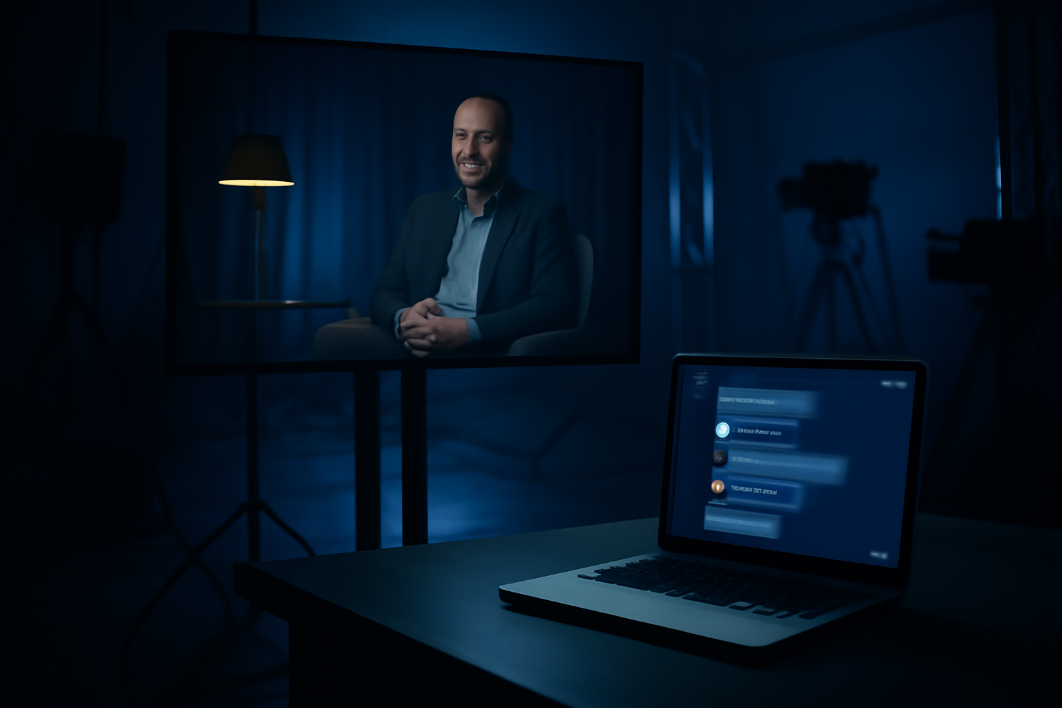 Television screen showing a documentary interview about online romance scam investigations