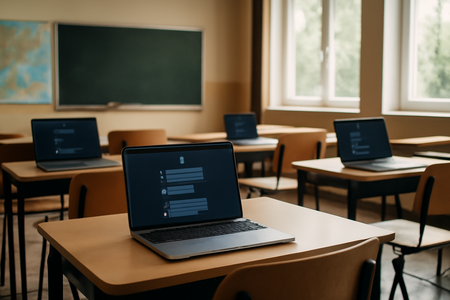 Empty classroom with laptops displaying AI chat interfaces on student desks