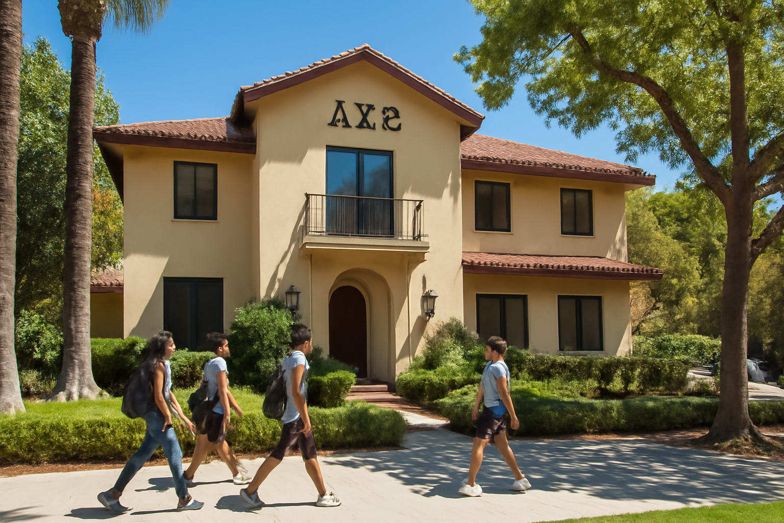 Sorority house exterior on a California university campus with students walking past