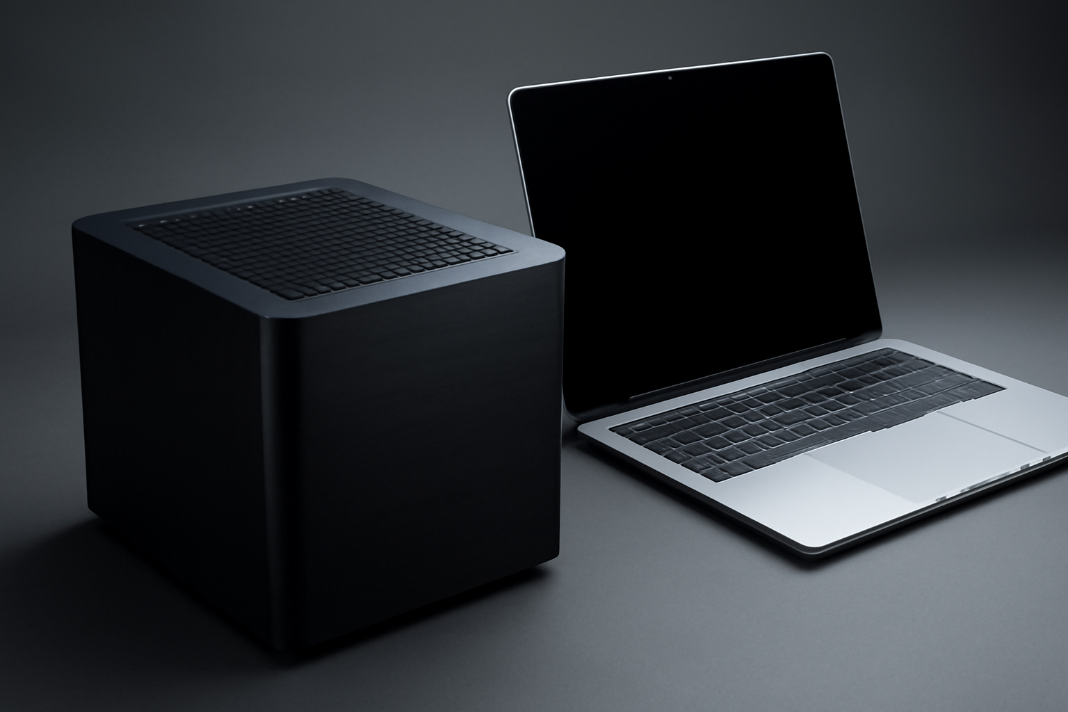 Black anodized Surface RTX Spark Dev Box next to a Surface Laptop Ultra on a desk