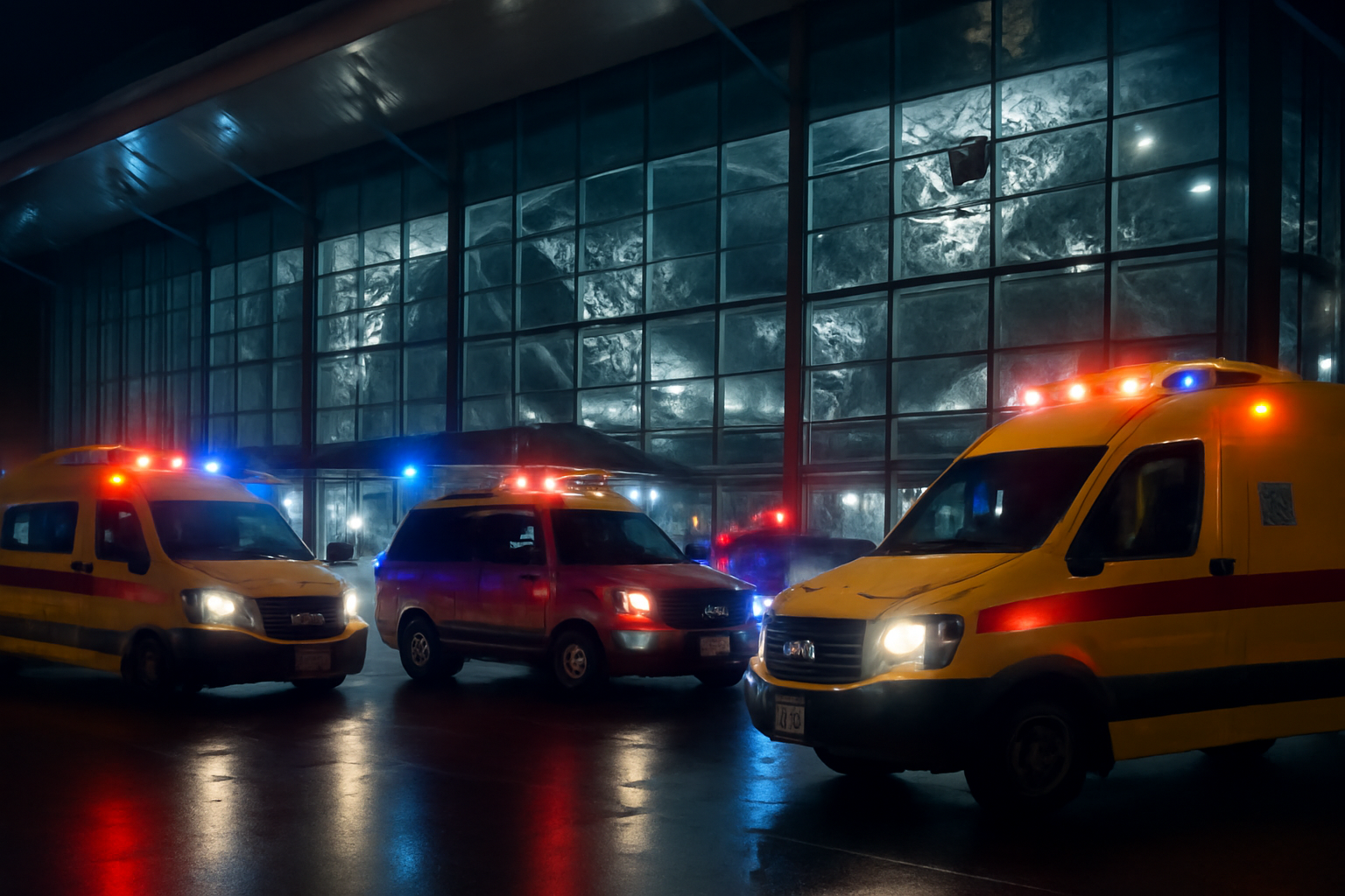 Emergency vehicles lined up outside a damaged airport terminal building at night