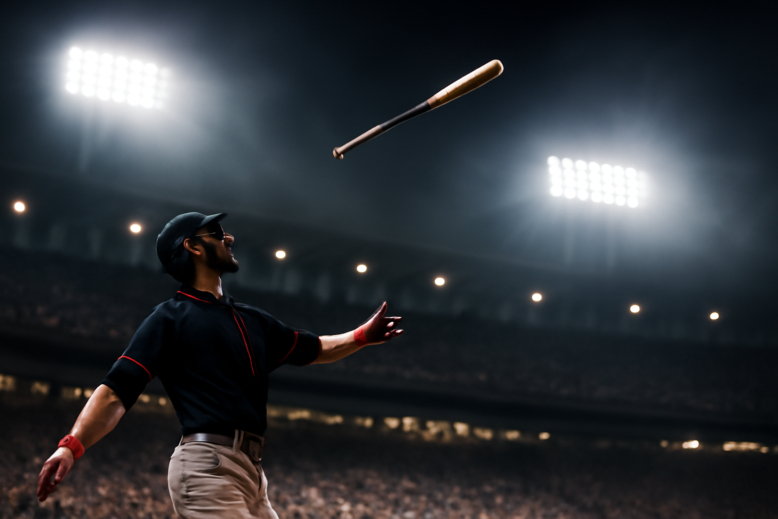 A baseball player flips his bat high into the air after hitting a home run under stadium lights