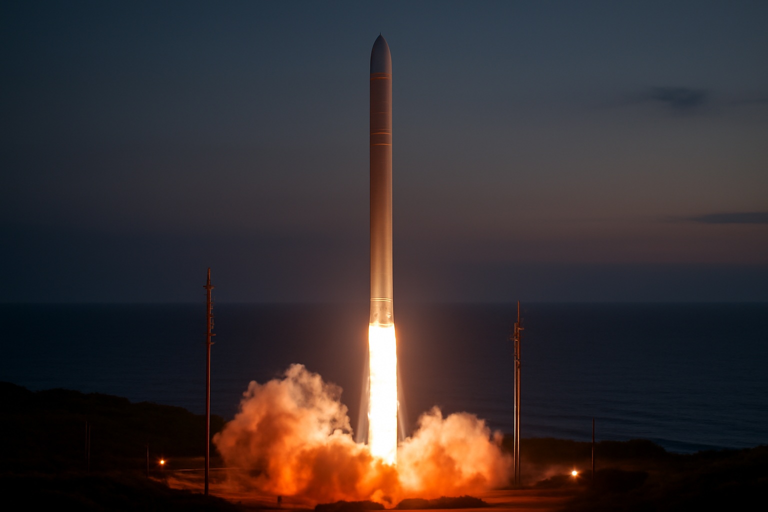 Rocket Lab Electron rocket lifting off from a coastal launch pad at dusk