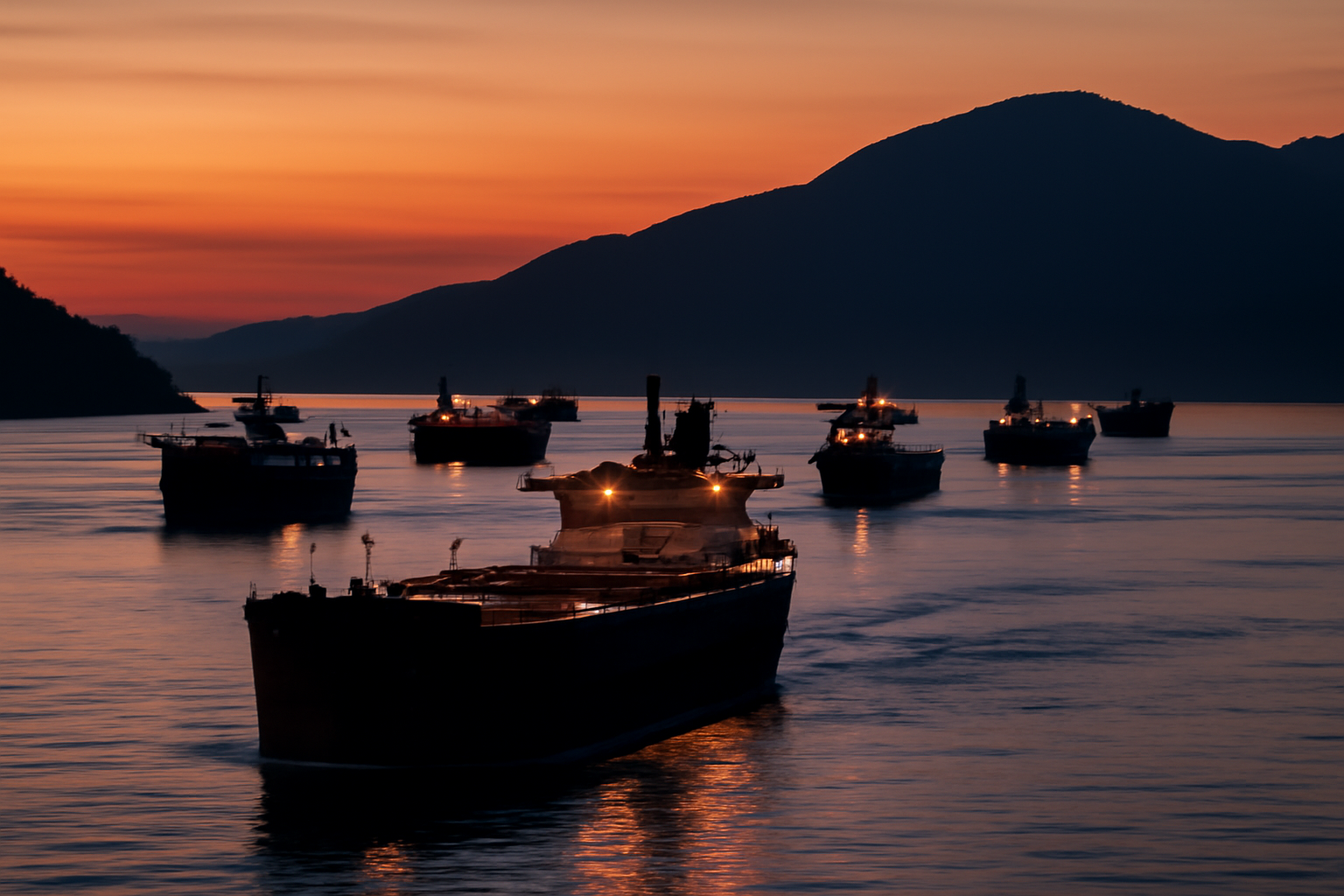 Container ships and oil tankers queued near a narrow strait shipping lane