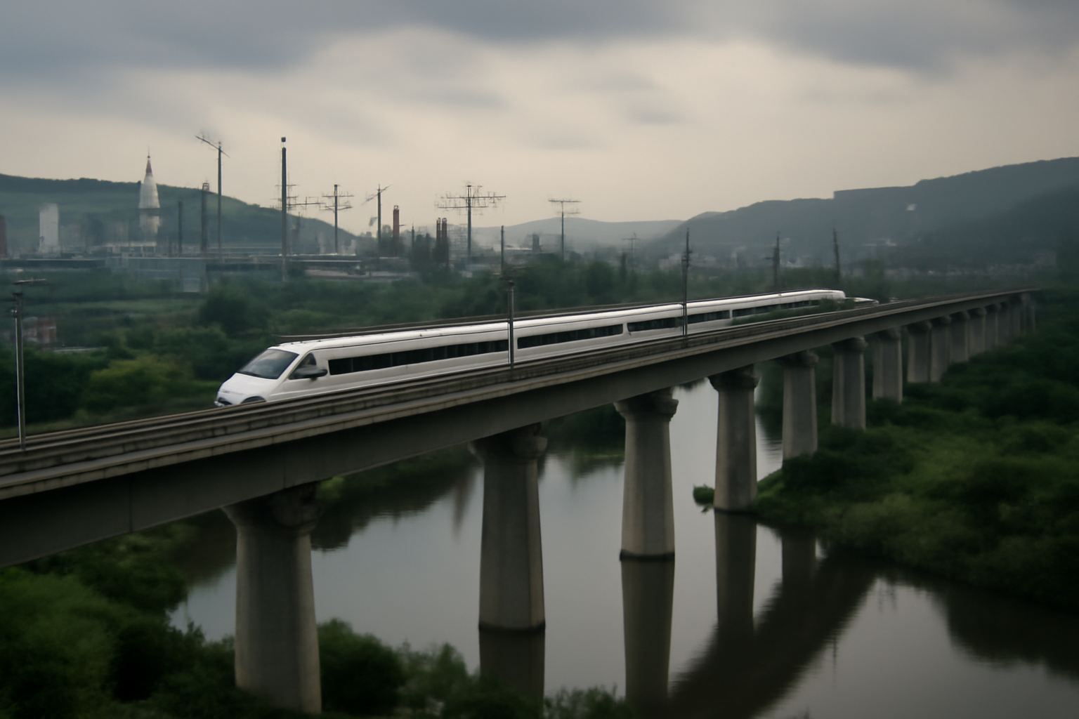 Elevated high-speed rail line crossing a Chinese industrial valley at dusk