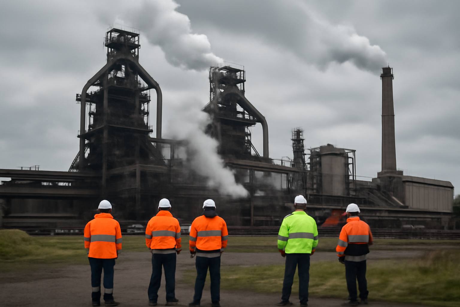 Steelworkers walk past blast furnace infrastructure at a British steel plant under overcast skies