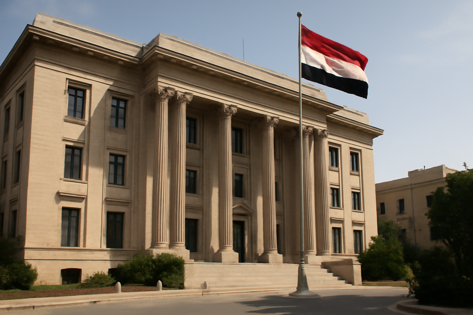 Egyptian presidential palace exterior with national flag under daylight sky