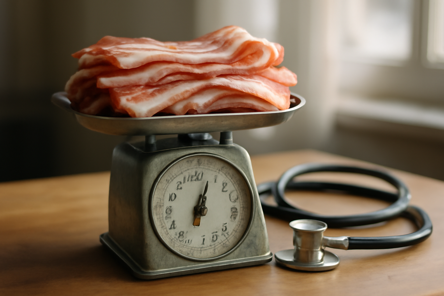Raw bacon strips arranged on a kitchen scale beside a stethoscope on a wooden counter