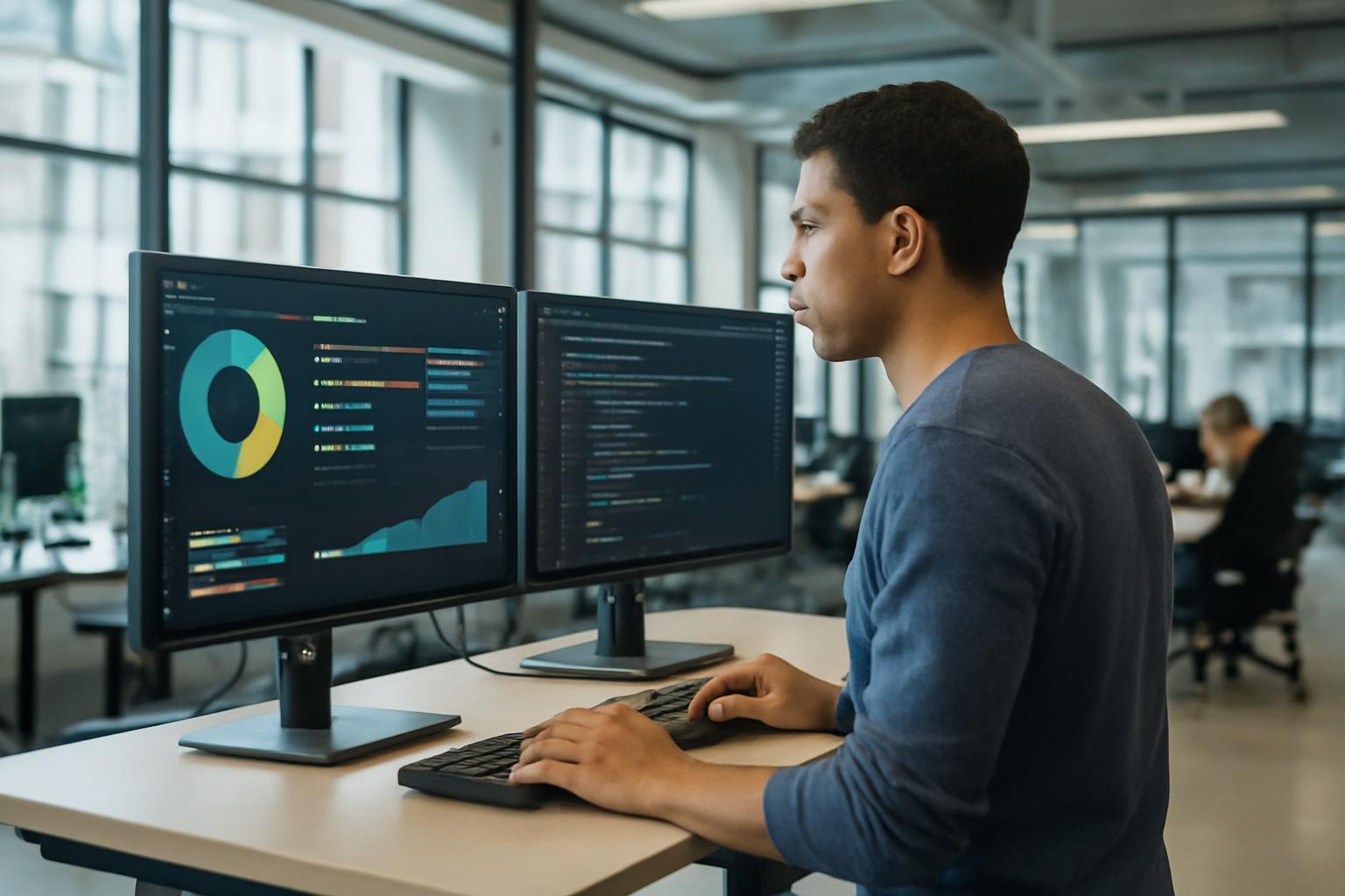 A software engineer reviews an AI agent's support ticket summary on a dual monitor setup